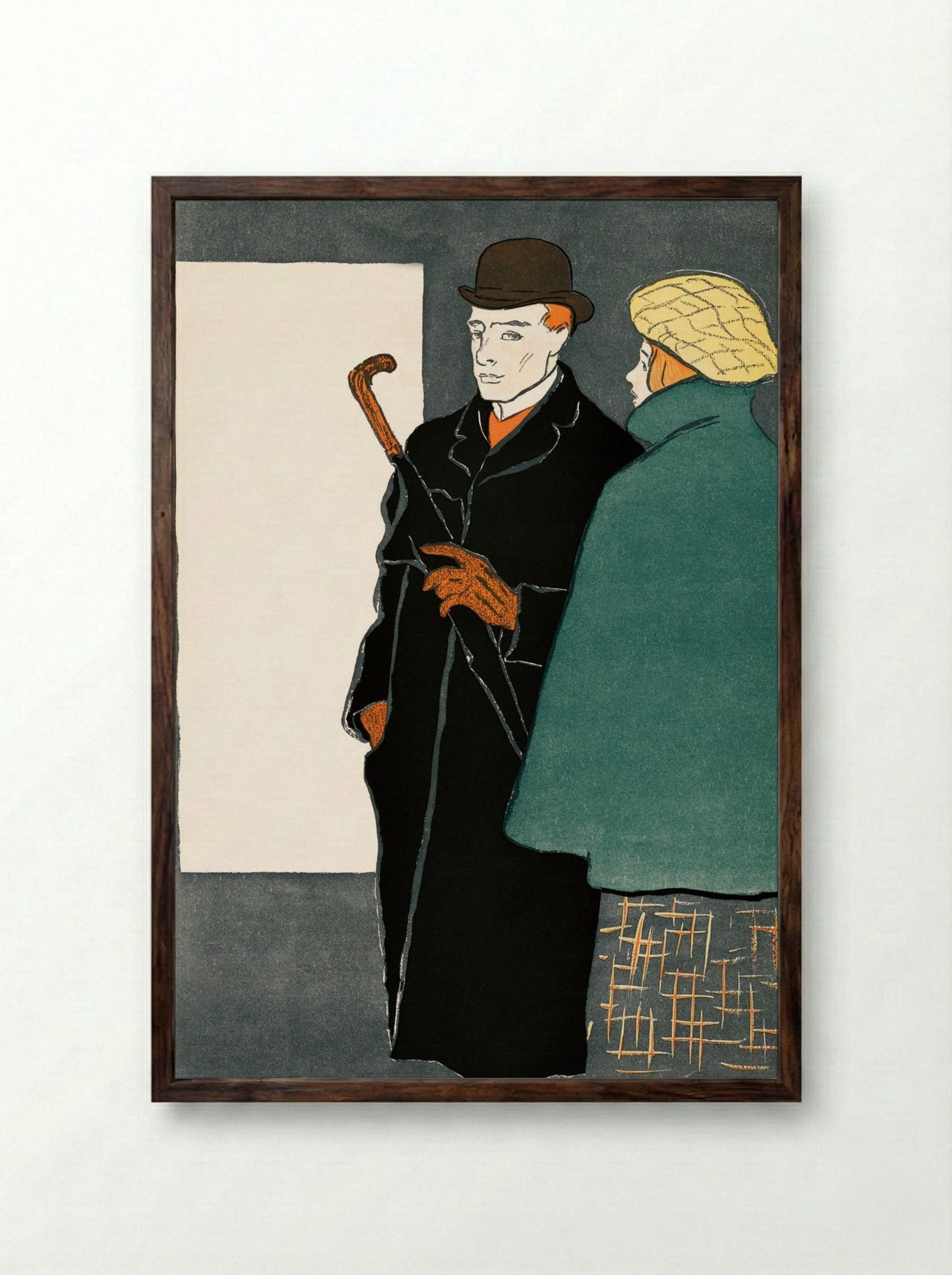 Man with Walking Stick and Woman - Edward Penfield - Framed Print Dark Wood