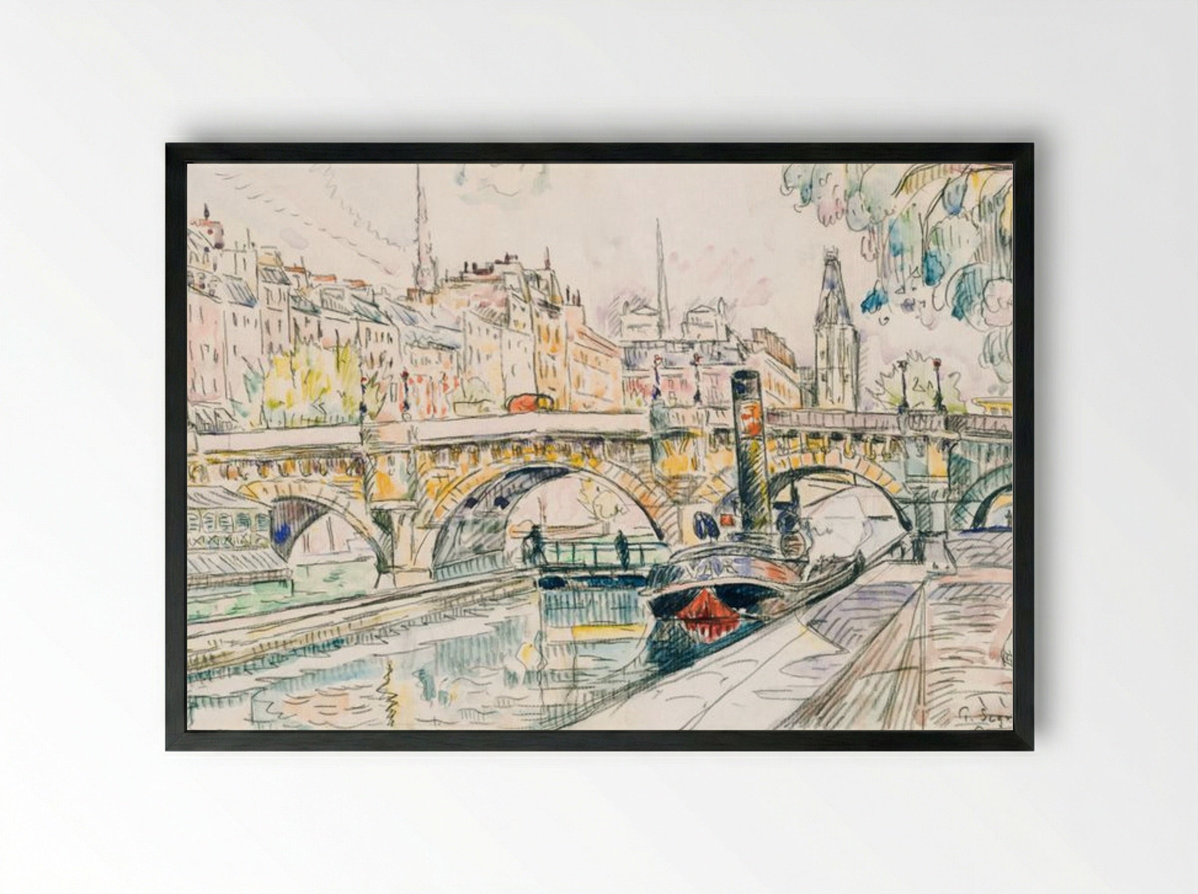 Tugboat at the Pont Neuf, Paris - Paul Signac - Framed Print Black