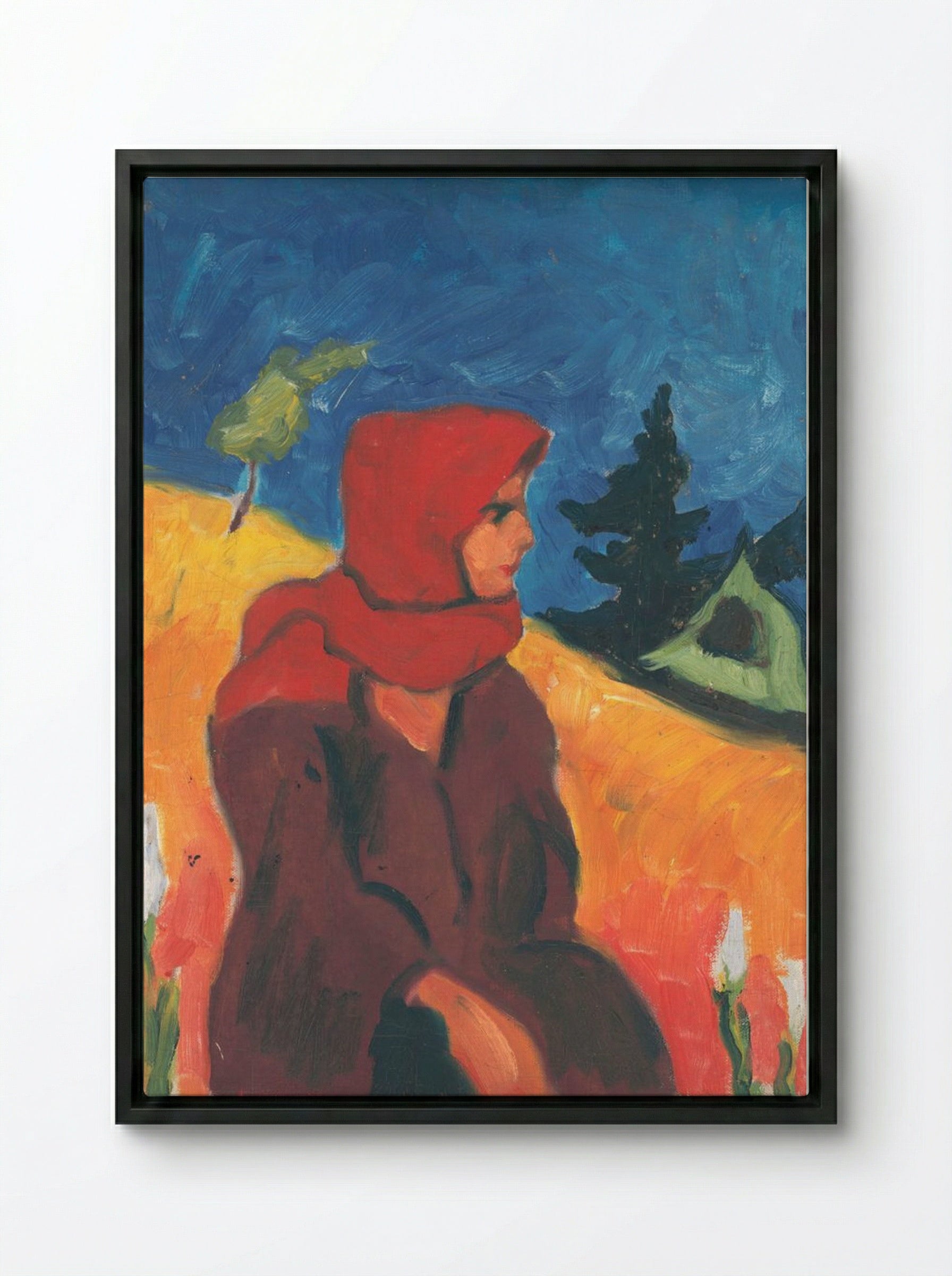 Village Girl in a Red Scarf - Zolo Palugyay - Framed Canvas Black