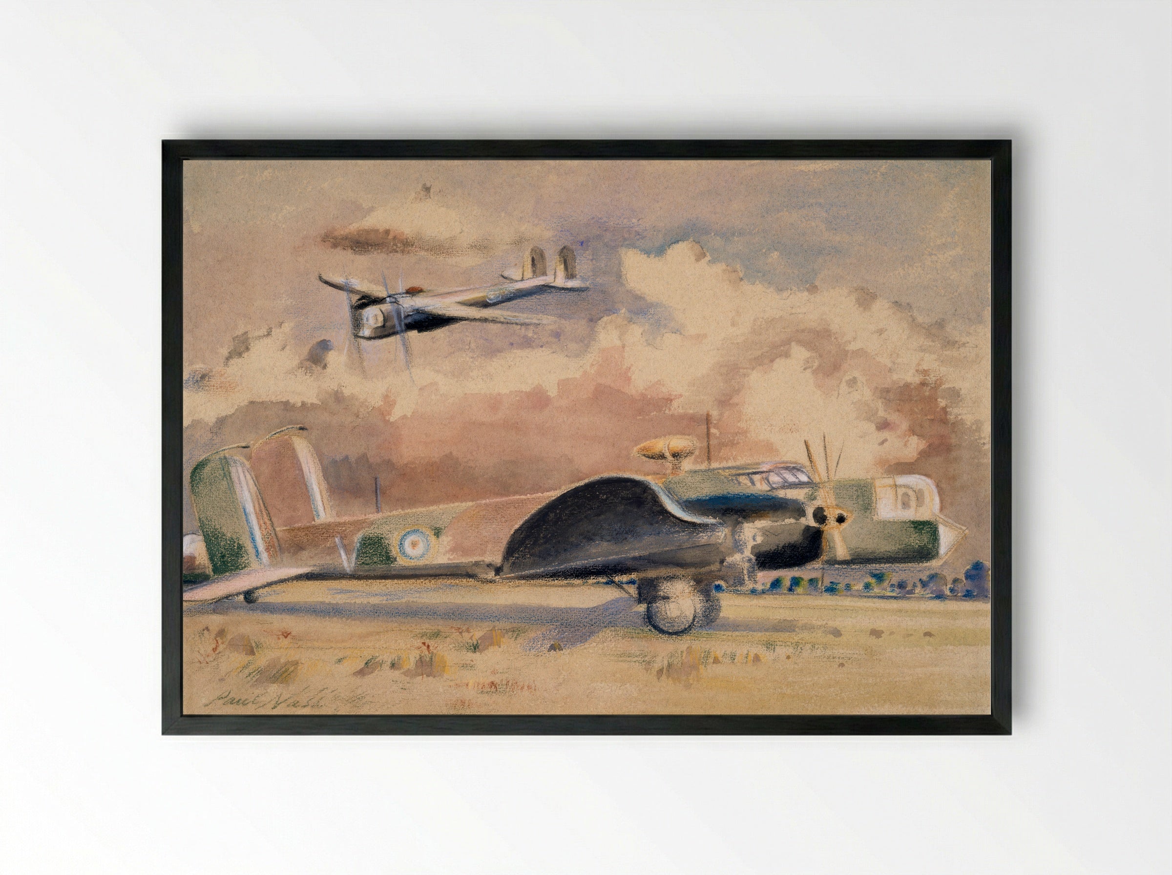 Whitley Bombers Sunning - Paul Nash - Framed Print Black