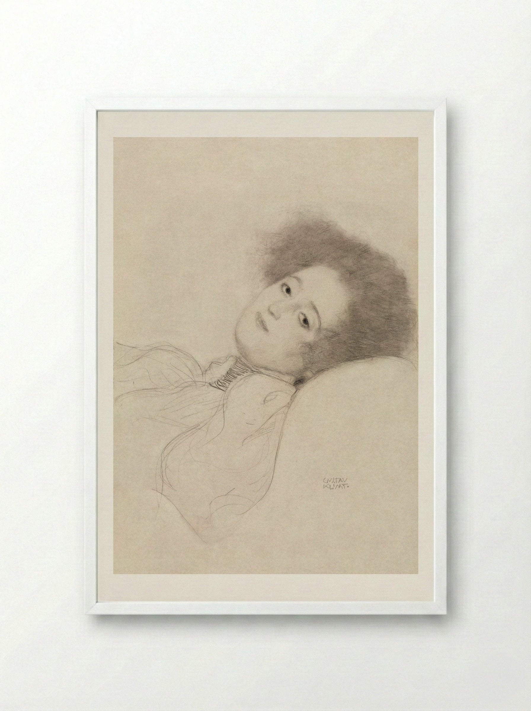 Portrait of a Young Woman Reclining - Gustav Klimt - Framed Print White