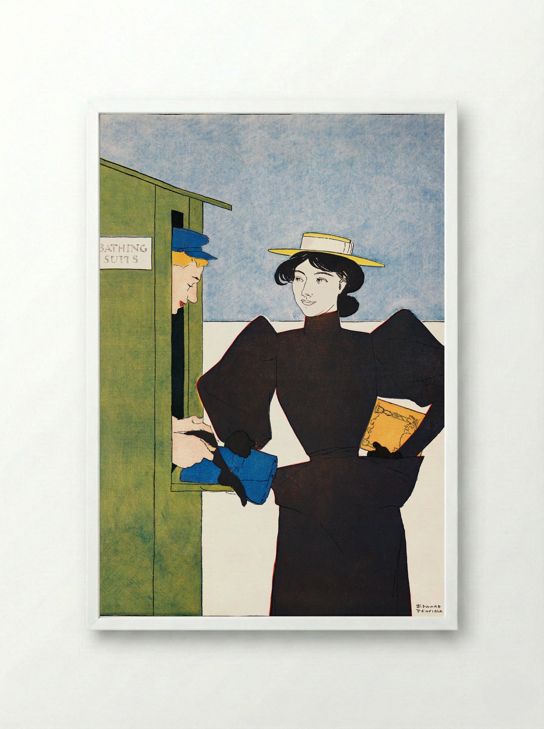 Woman Picking Up Bathing Suits - Edward Penfield - Framed Print White