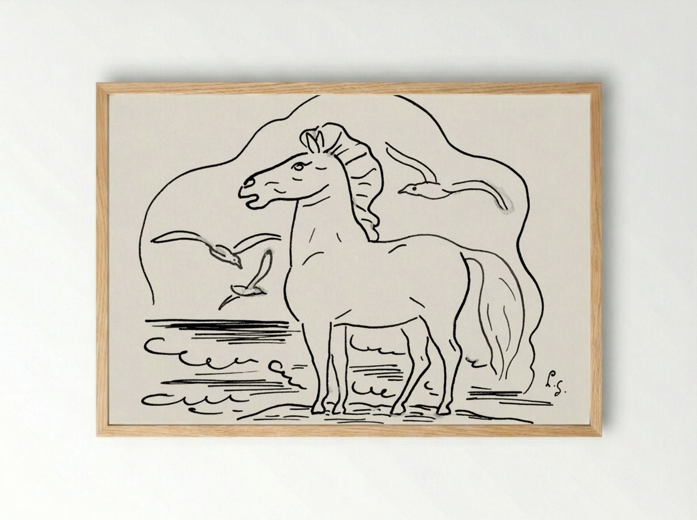 Horse in the Surf with Three Seagulls - Leo Gestel - Framed Print Wood