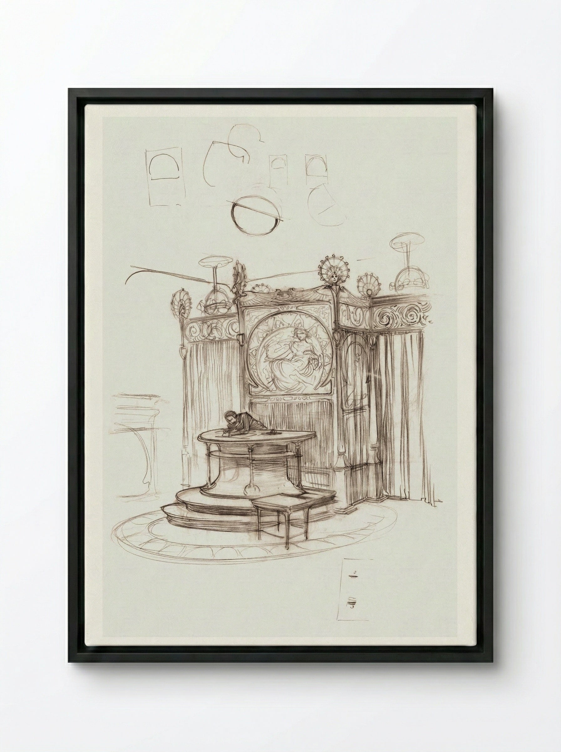 Sketch of an Office Interior - Alphonse Mucha - Framed Canvas Black