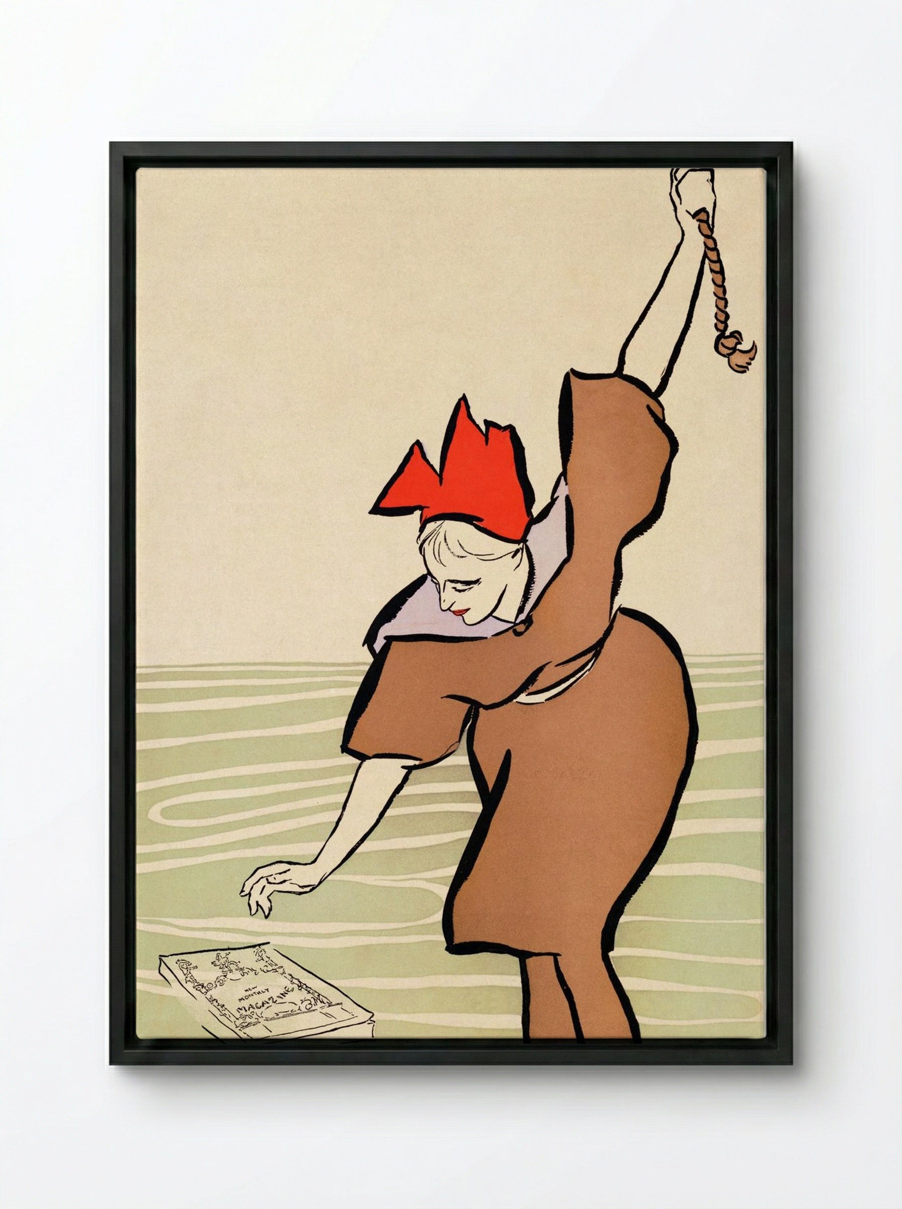 Woman Picking Up Book - Edward Penfield - Framed Canvas Black