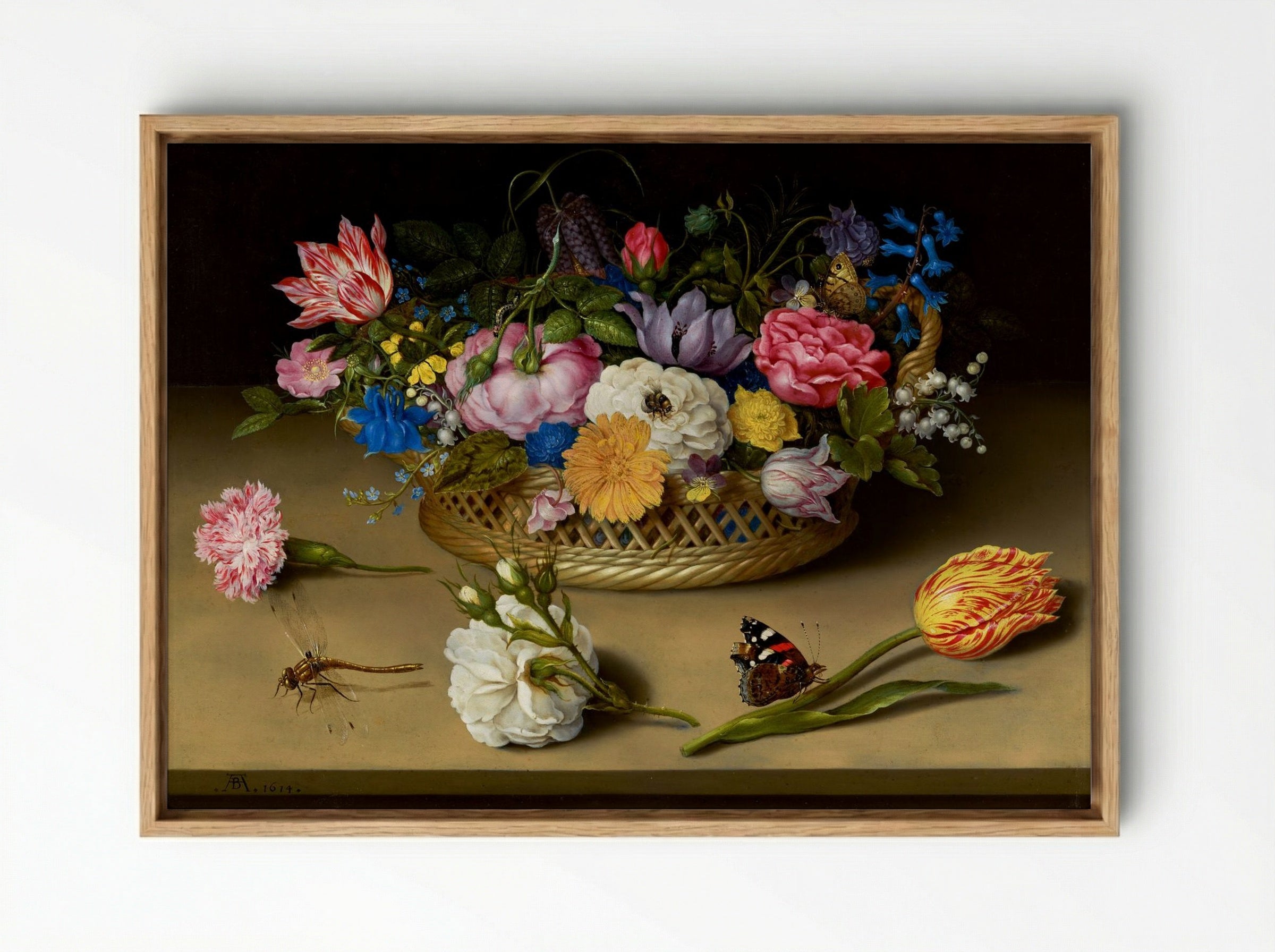 Flower Still Life in a Basket - Ambrosius Bosschaert the Elder - Framed Canvas Wood