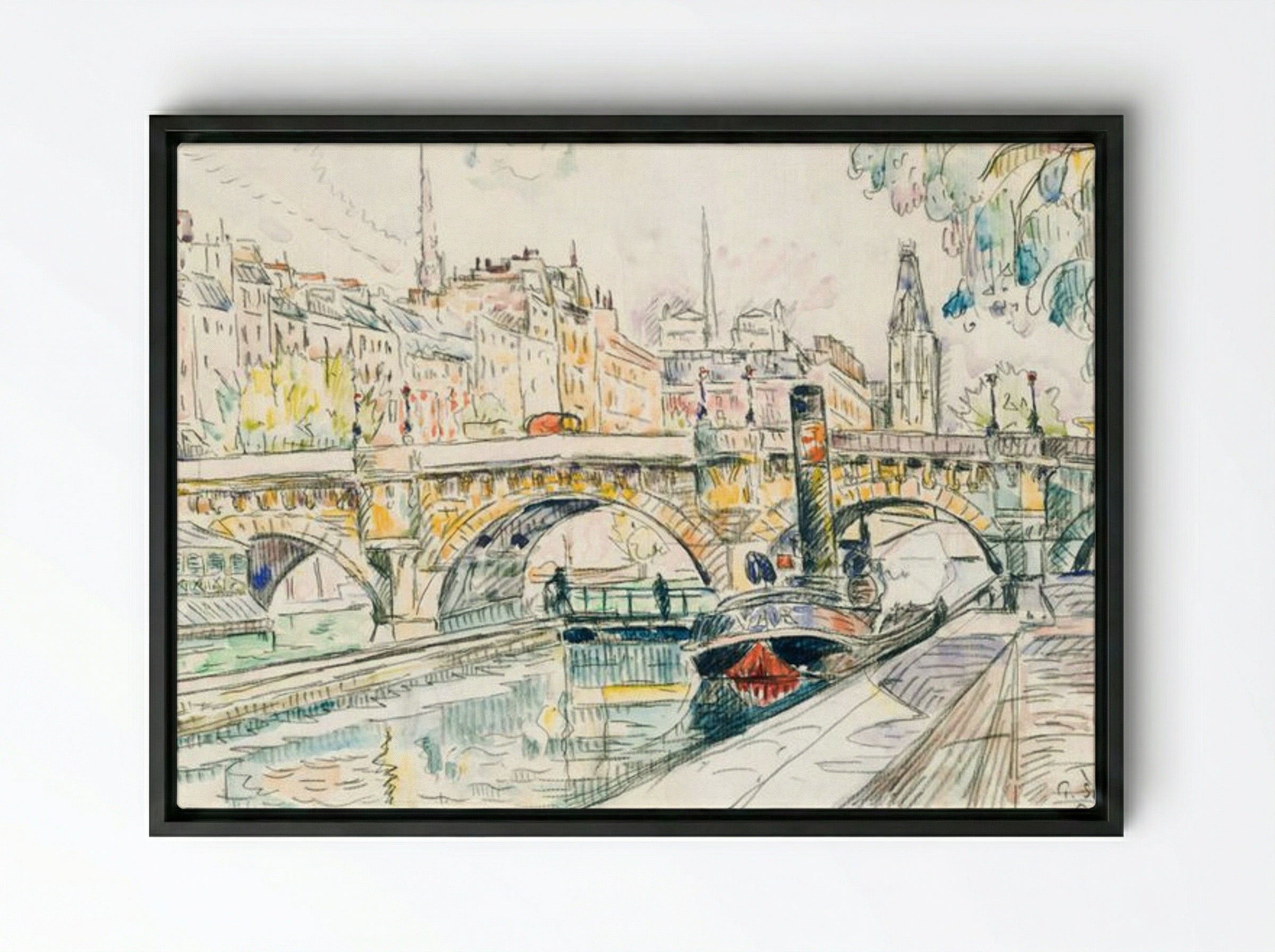 Tugboat at the Pont Neuf, Paris - Paul Signac - Framed Canvas Black