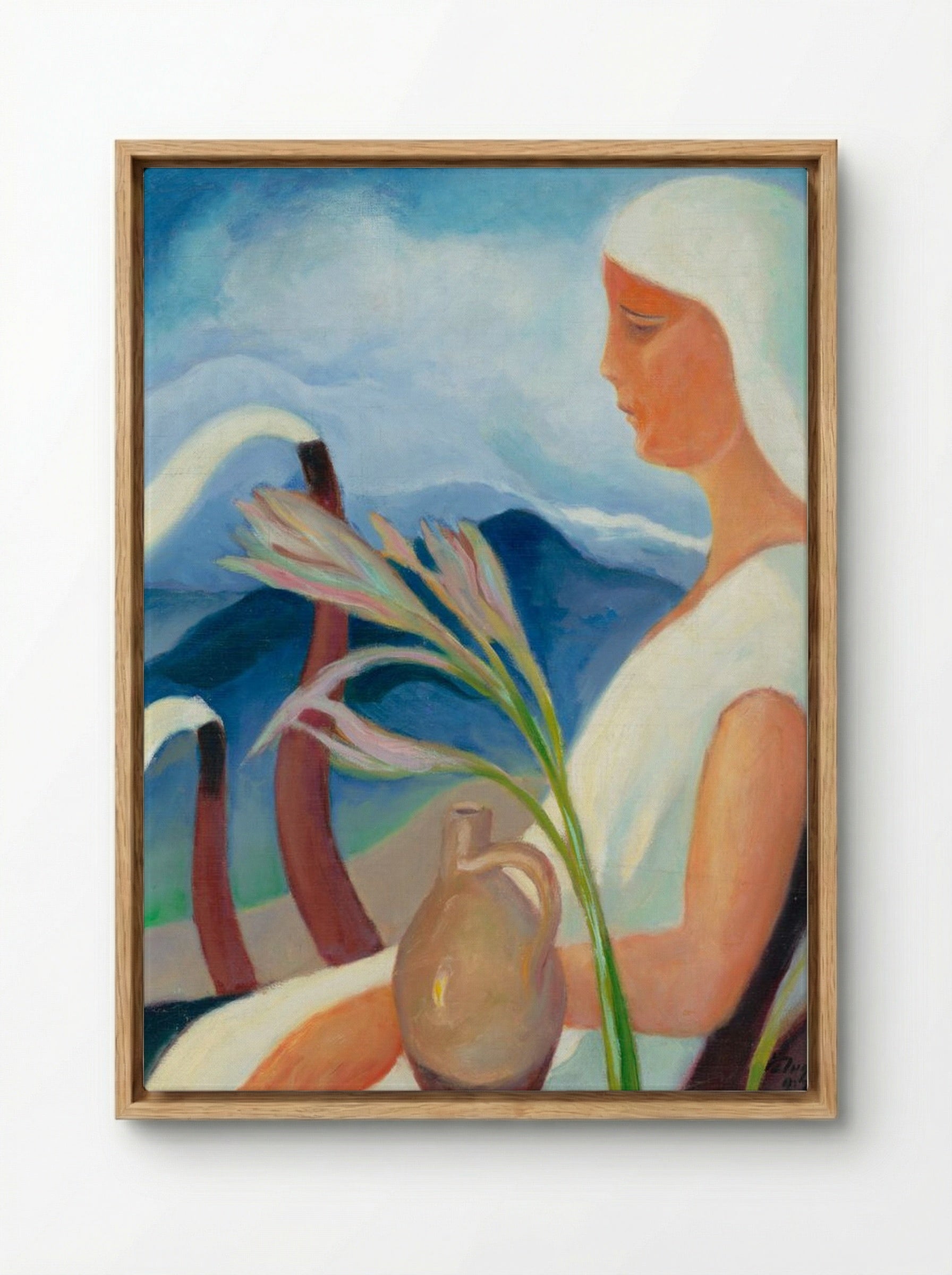 Girl in White with Factory Chimneys and Flowers - Zolo Palugyay - Framed Canvas Wood