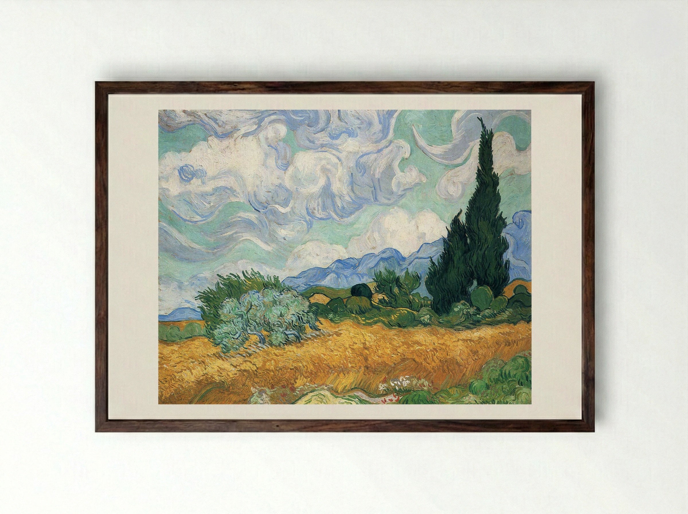 Wheatfield with Cypresses - Vincent van Gogh - Framed Print Dark Wood