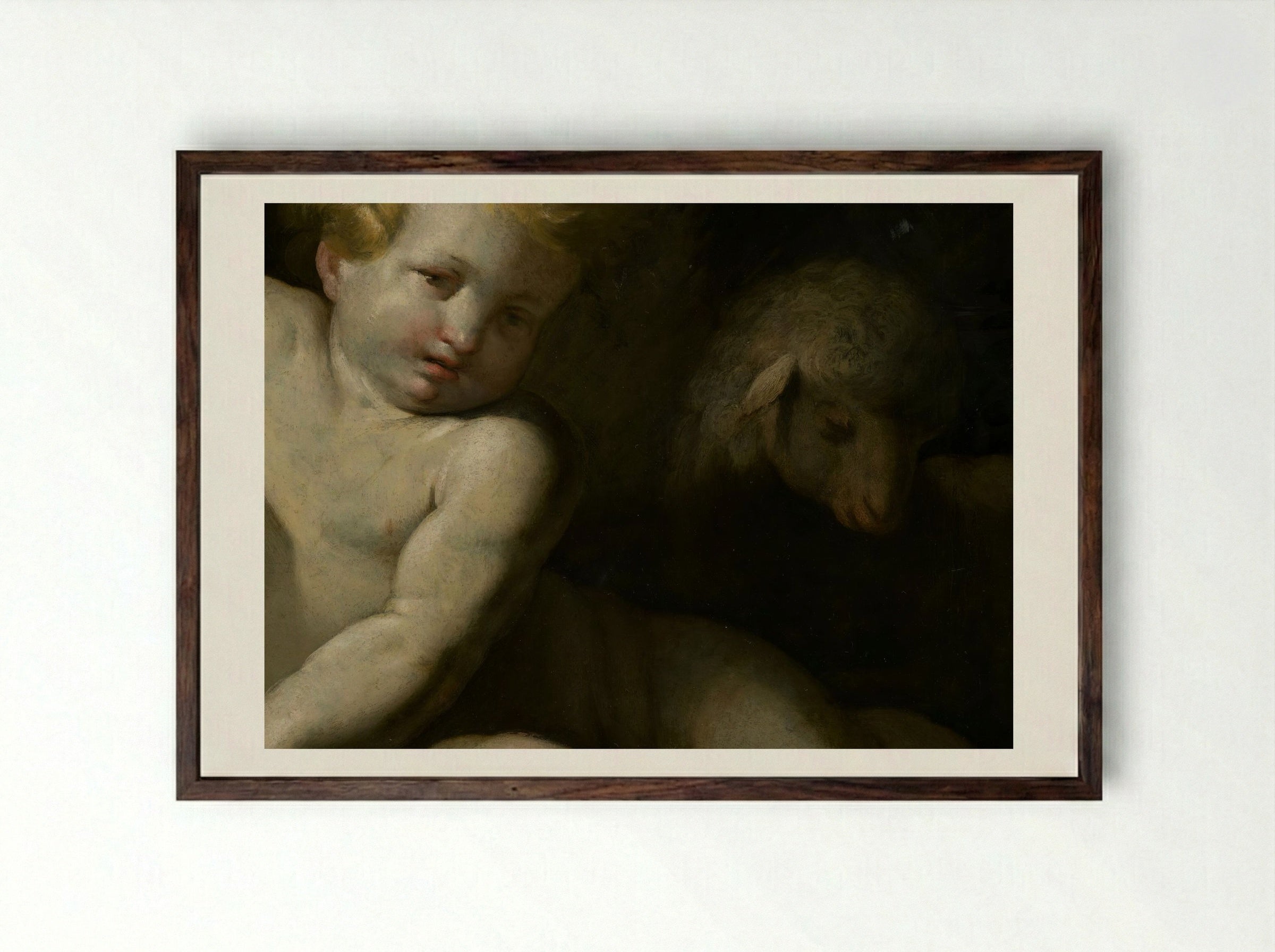 Ecce Agnus Dei (Infant Saint John the Baptist with Lamb) - Bartolomé Esteban Murillo - Framed Print Dark Wood