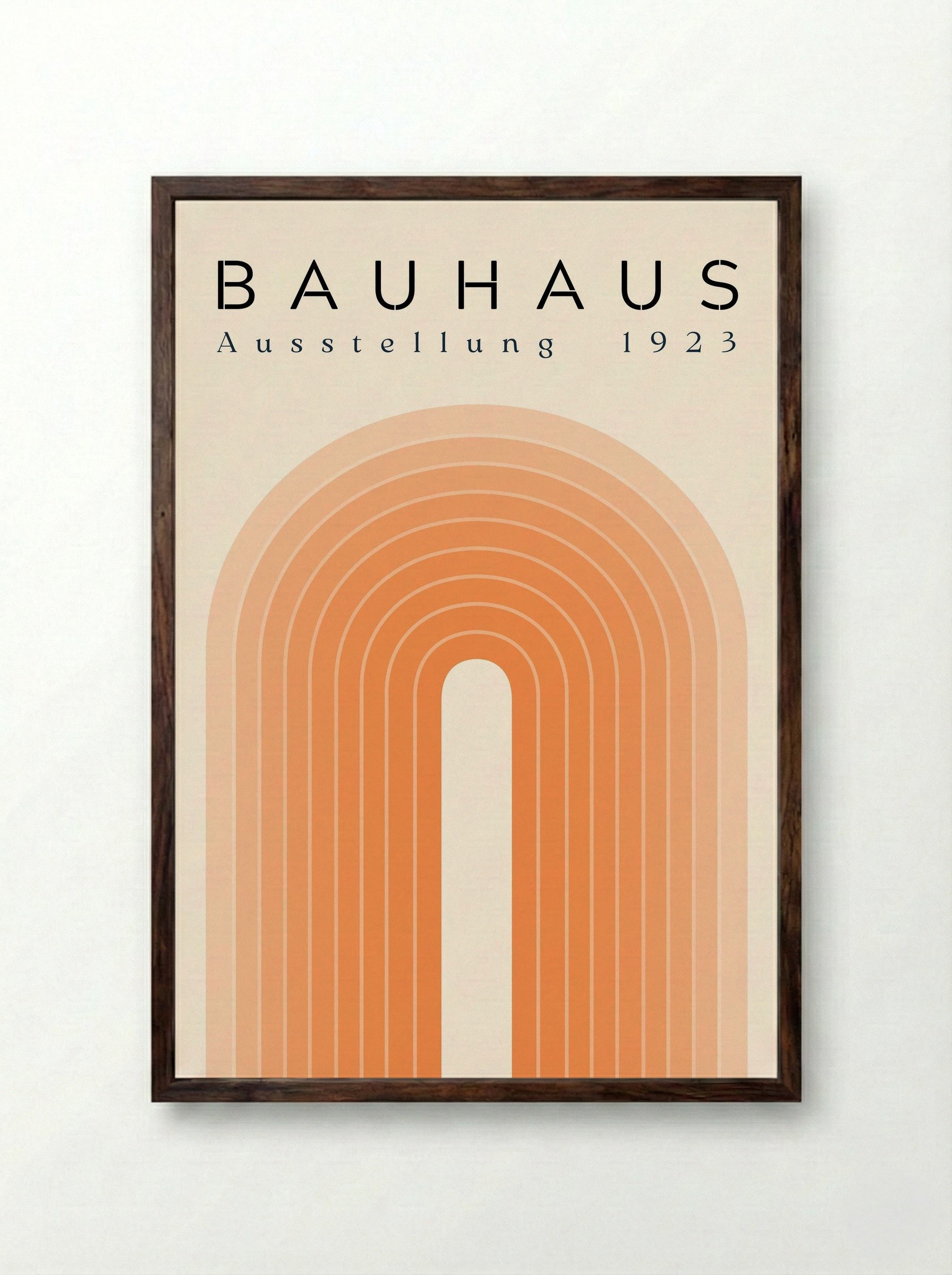 Bauhaus Sunset Arch – 1923 Exhibition Poster - Framed Print Dark Wood