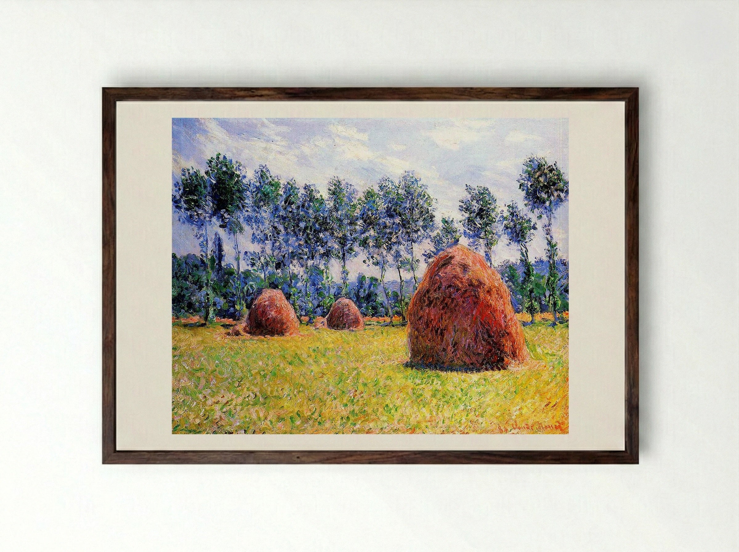 Haystacks at Giverny - Claude Monet - Framed Print Dark Wood