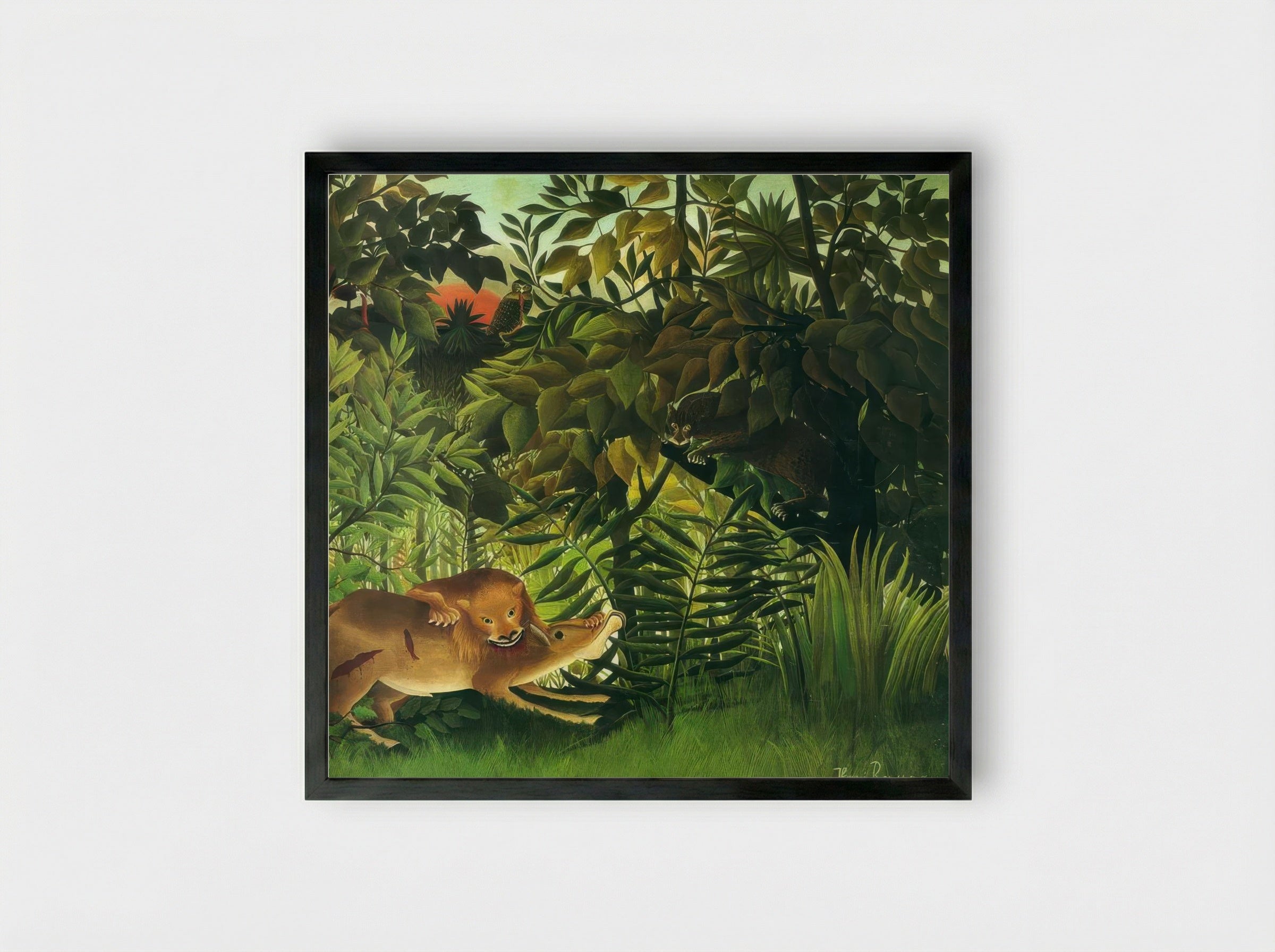 The Hungry Lion by Henri Rousseau – Jungle Wildlife Art Print - Framed Print Black