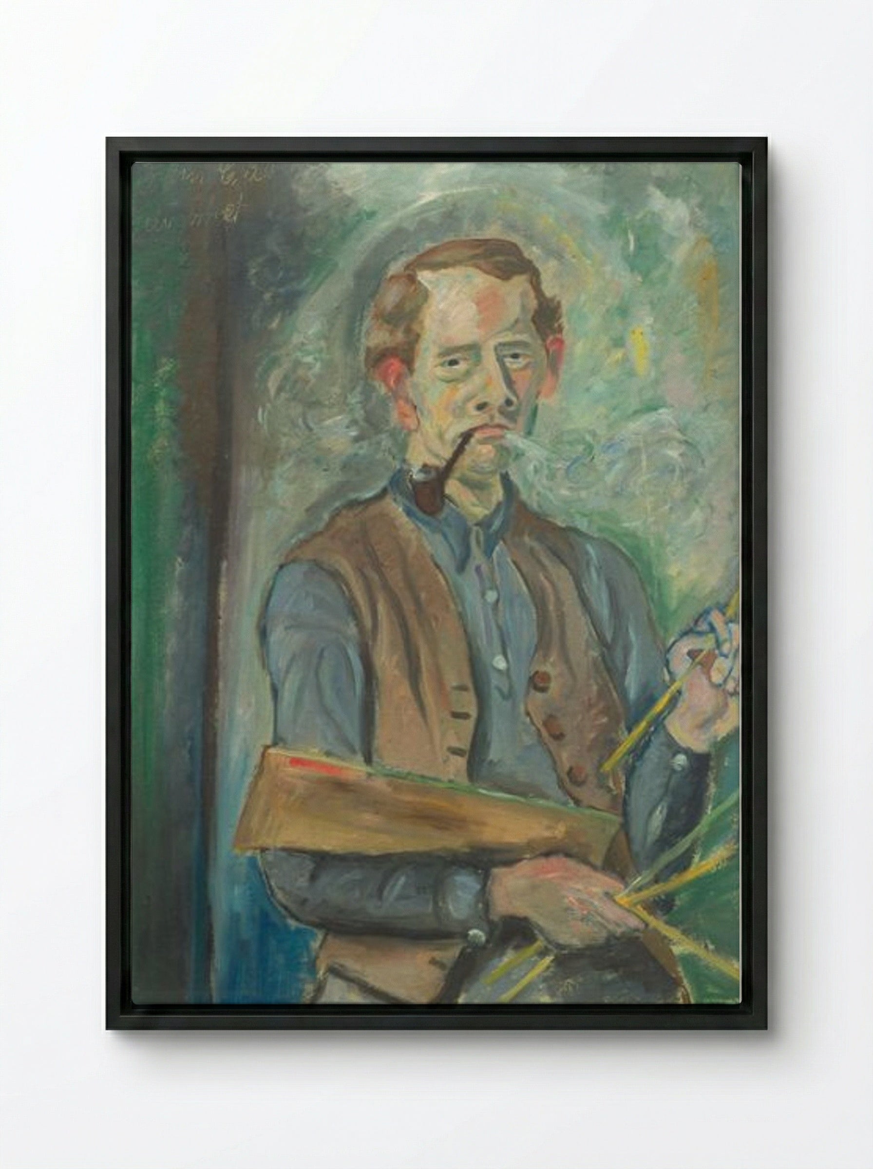 Self-Portrait with Pipe and Palette - John Christensen - Framed Canvas Black