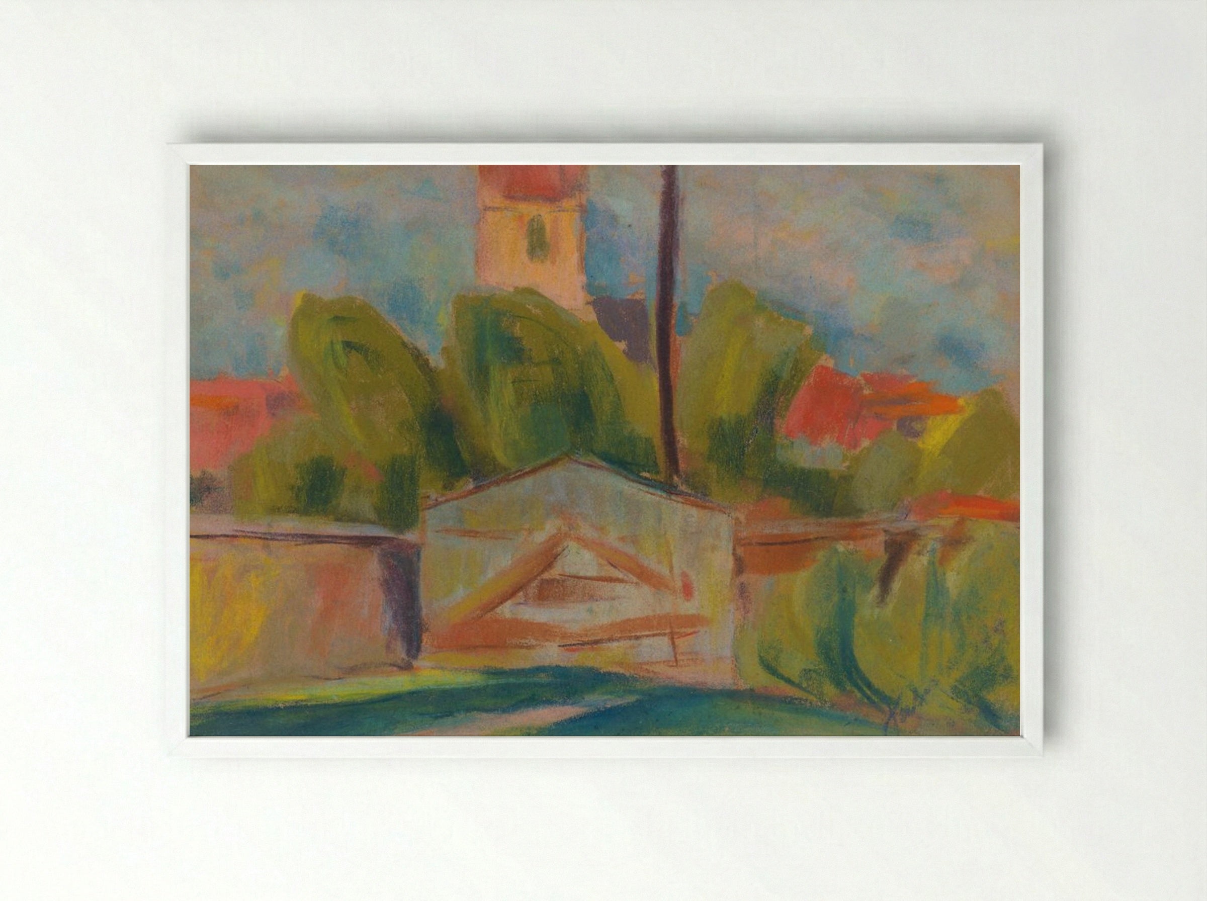 Village with a Church - Zolo Palugyay - Framed Print White