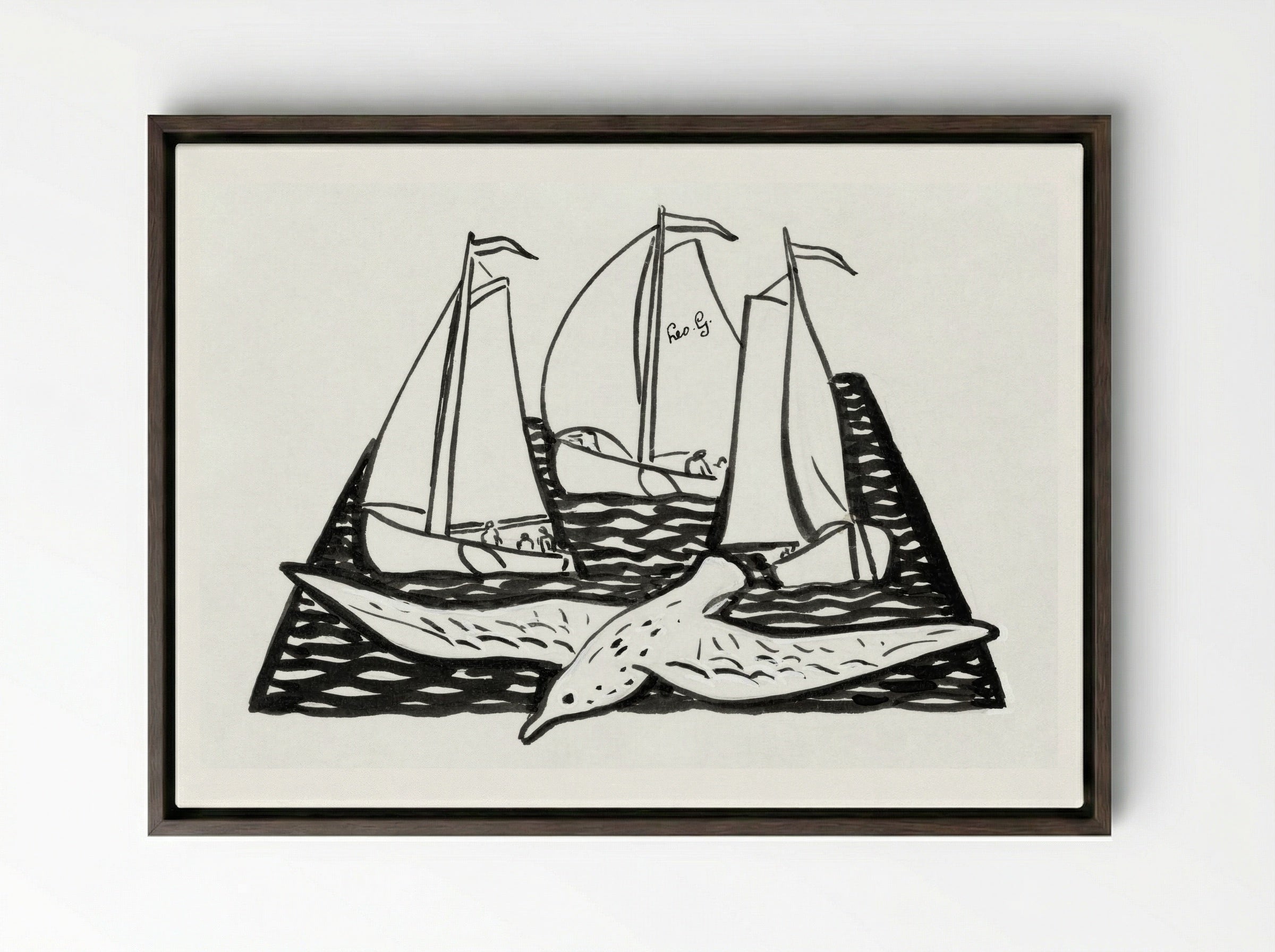 Three Sailing Ships and a Seagull - Leo Gestel - Framed Canvas Dark Wood