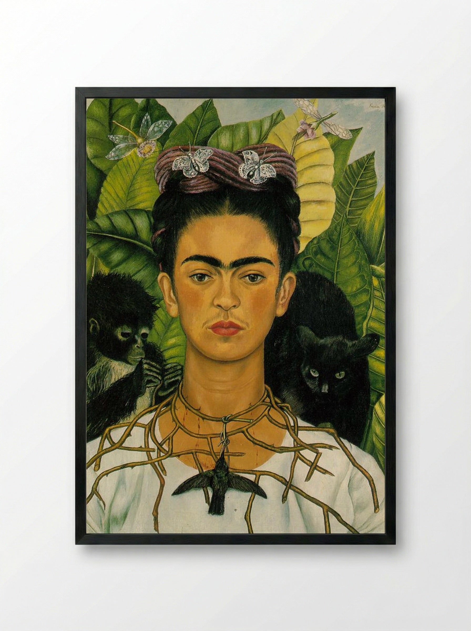 Self-Portrait with Thorn Necklace and Hummingbird - Frida Kahlo - Framed Print Black
