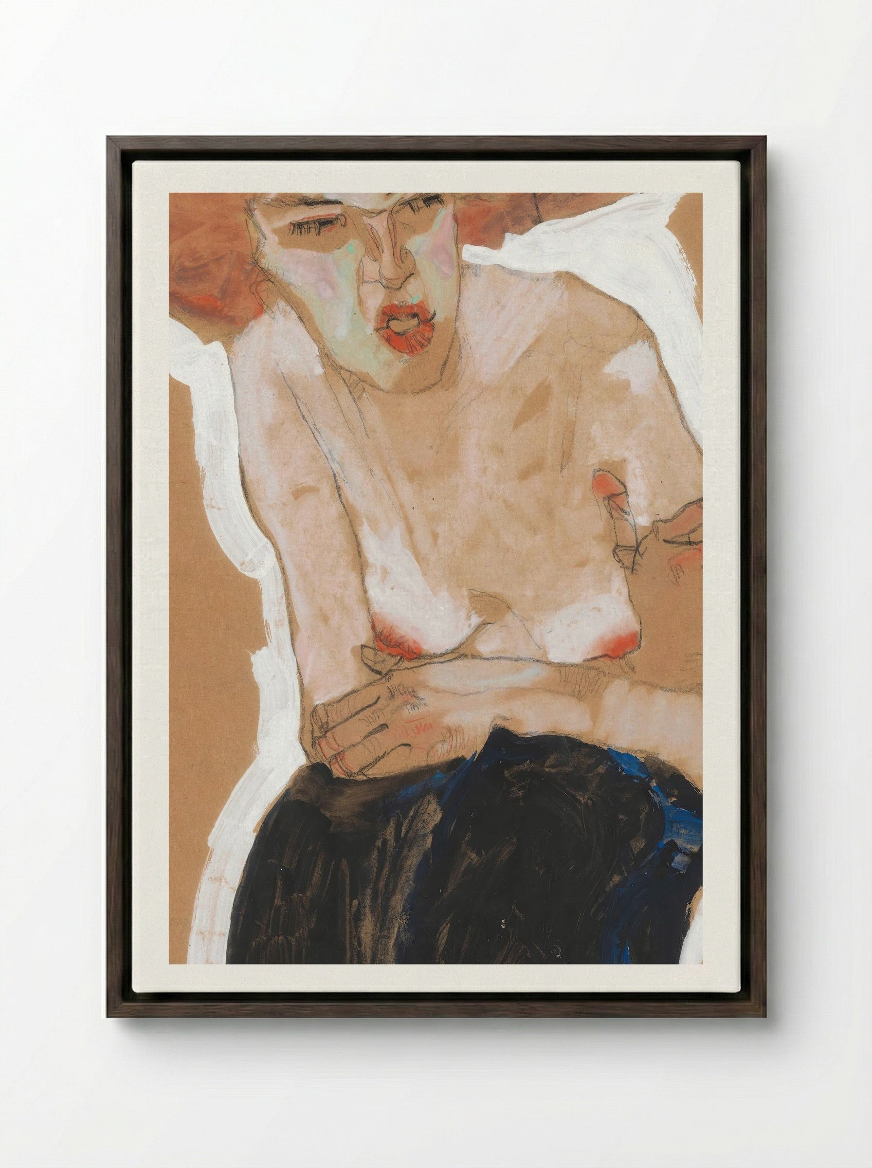 Die Häusliche (Seated Woman with Hat) - Egon Schiele - Framed Canvas Dark Wood