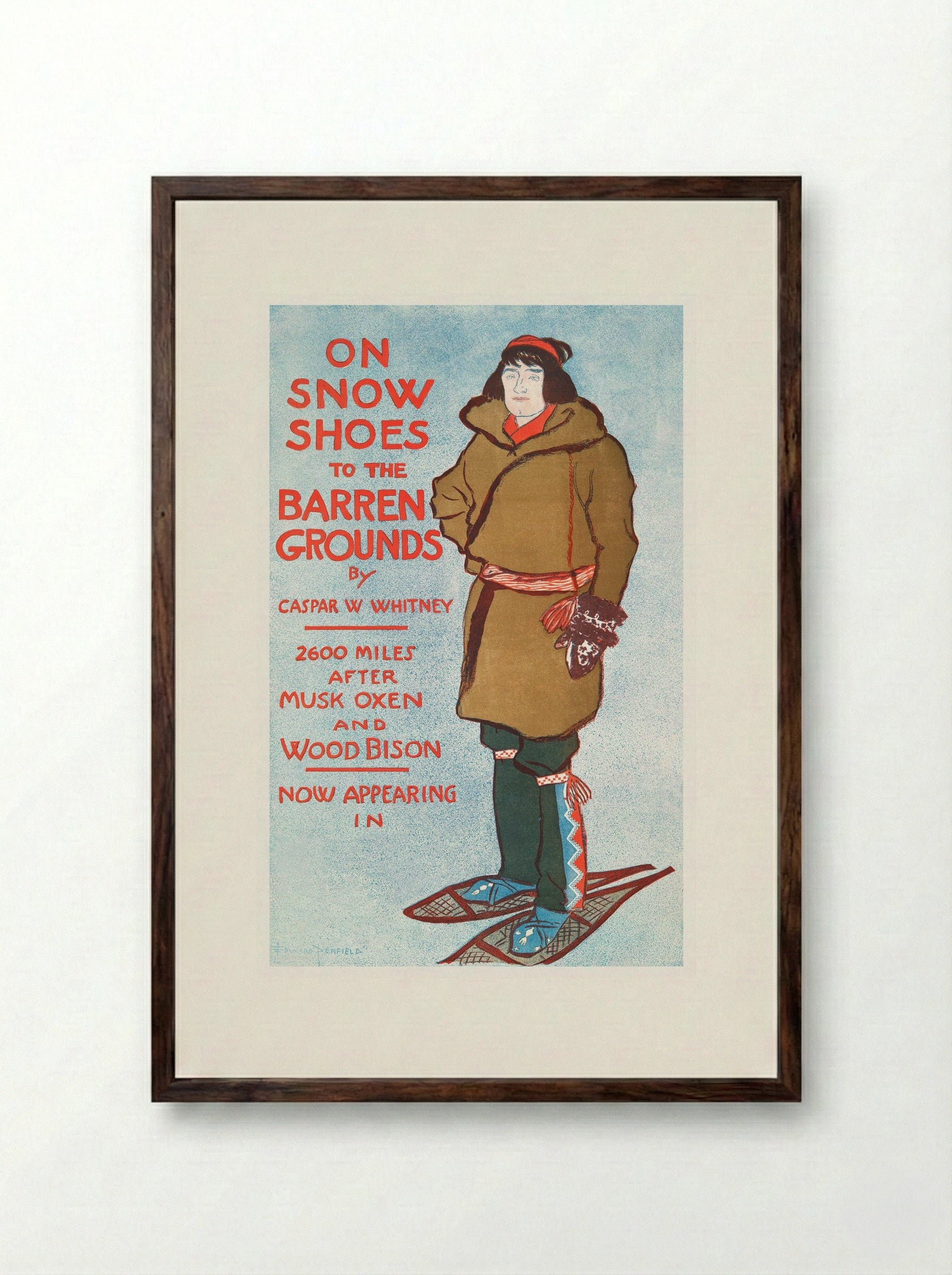 On Snow Shoes to the Barren Grounds by Casper W. Whitney - Edward Penfield - Framed Print Dark Wood