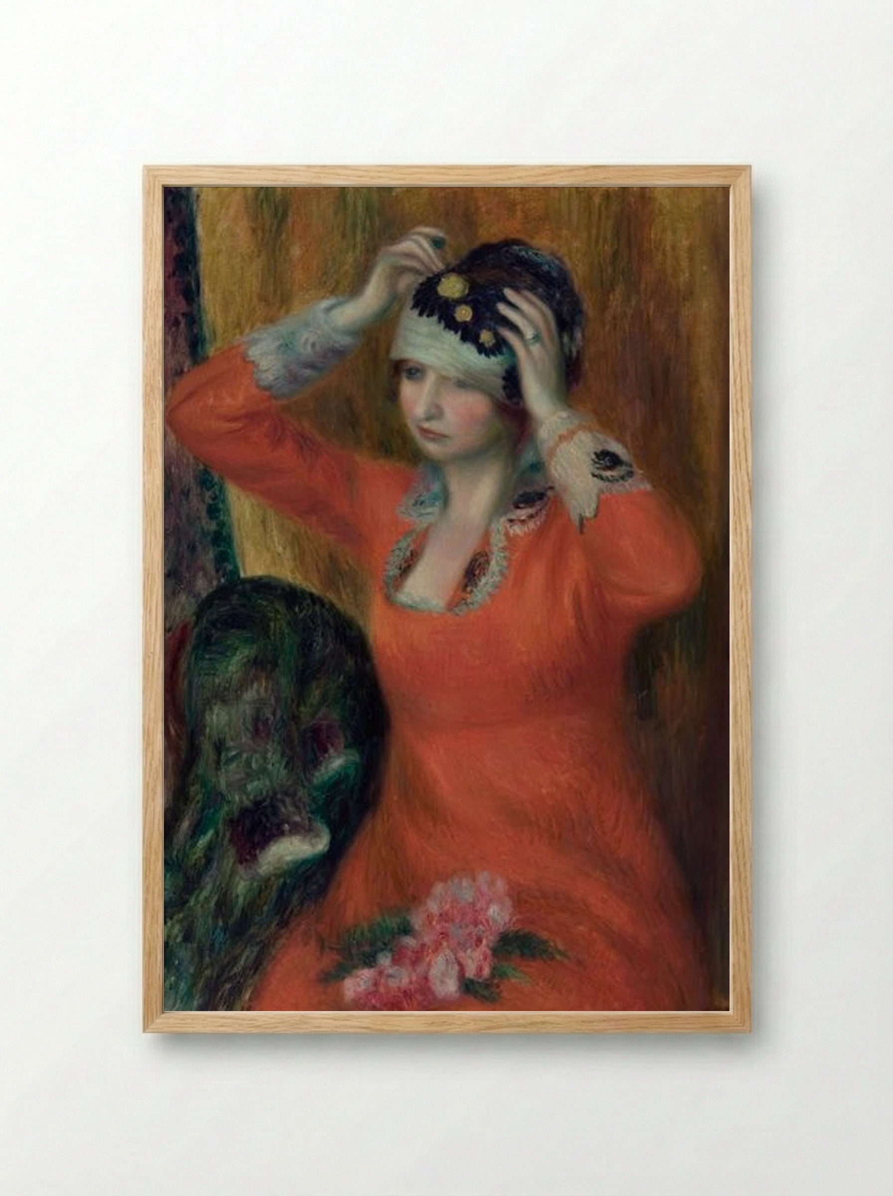 Girl in Red Dress Pinning on Hat - William James Glackens - Framed Print Wood