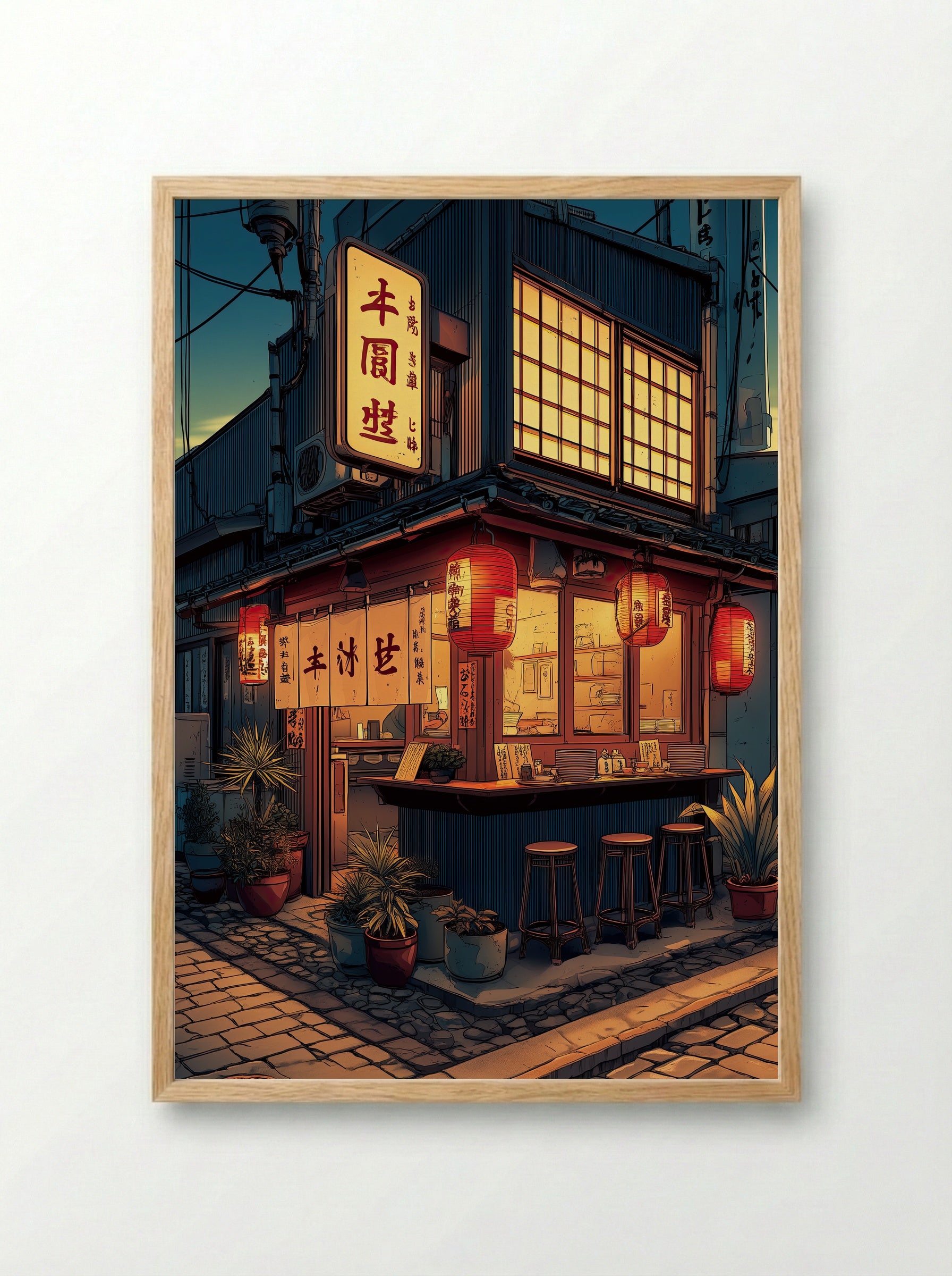 Evening at the Tofu Bar – A Tokyo Corner Shop Glow - Framed Print Wood