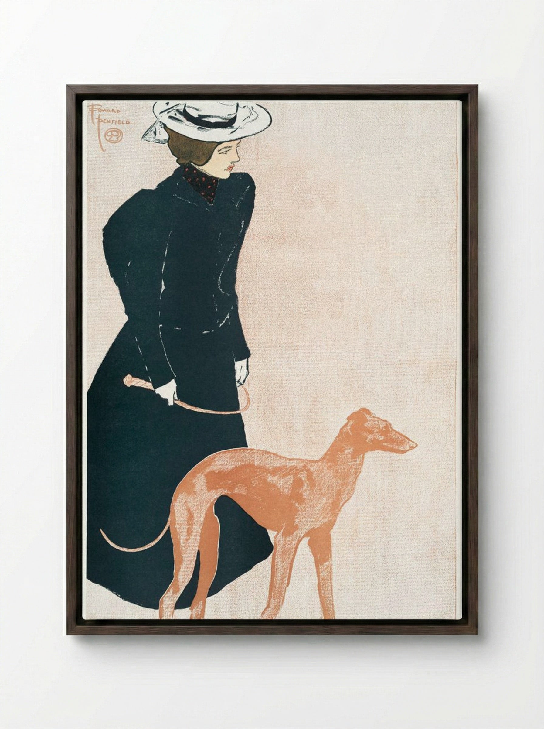 Woman with Greyhound - Edward Penfield - Framed Canvas Dark Wood