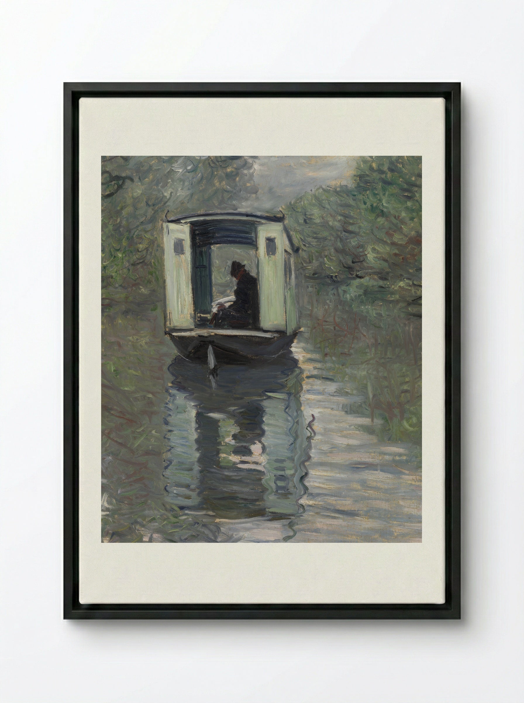 The Studio Boat (Le Bateau-atelier) - Claude Monet - Framed Canvas Black