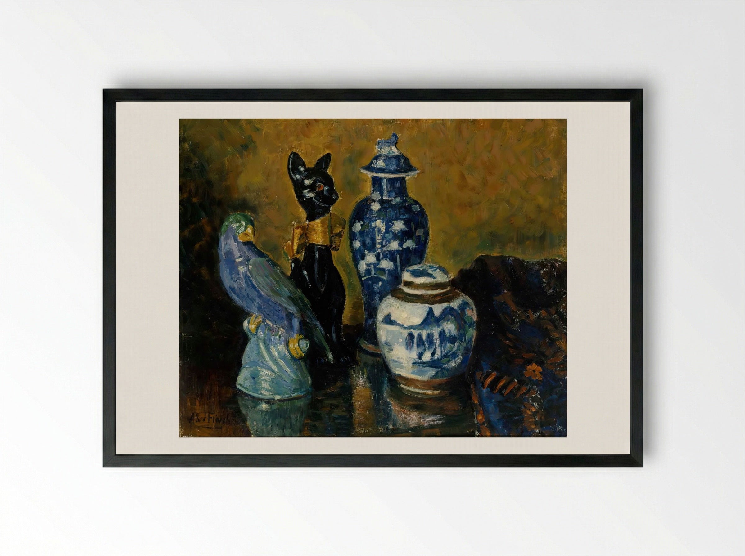 Still Life with Blue Figurines - Alfred William Finch - Framed Print Black