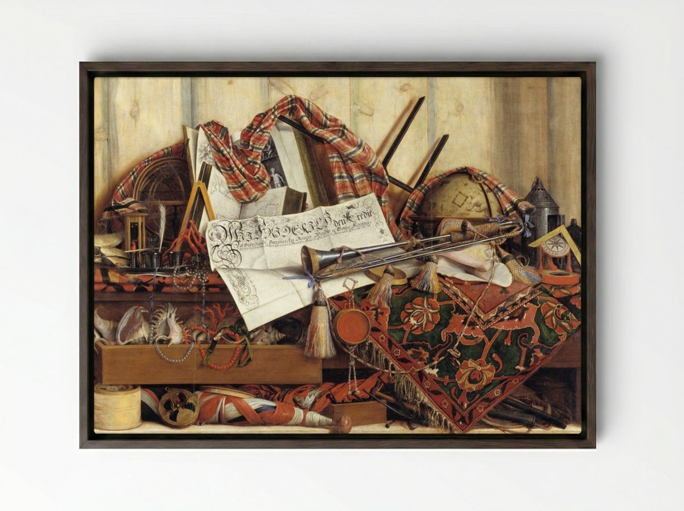 Trompe l'oeil with trumpet, celestial globe and Frederik III's proclamation - Cornelis Norbertus Gysbrechts - Framed Canvas Dark Wood