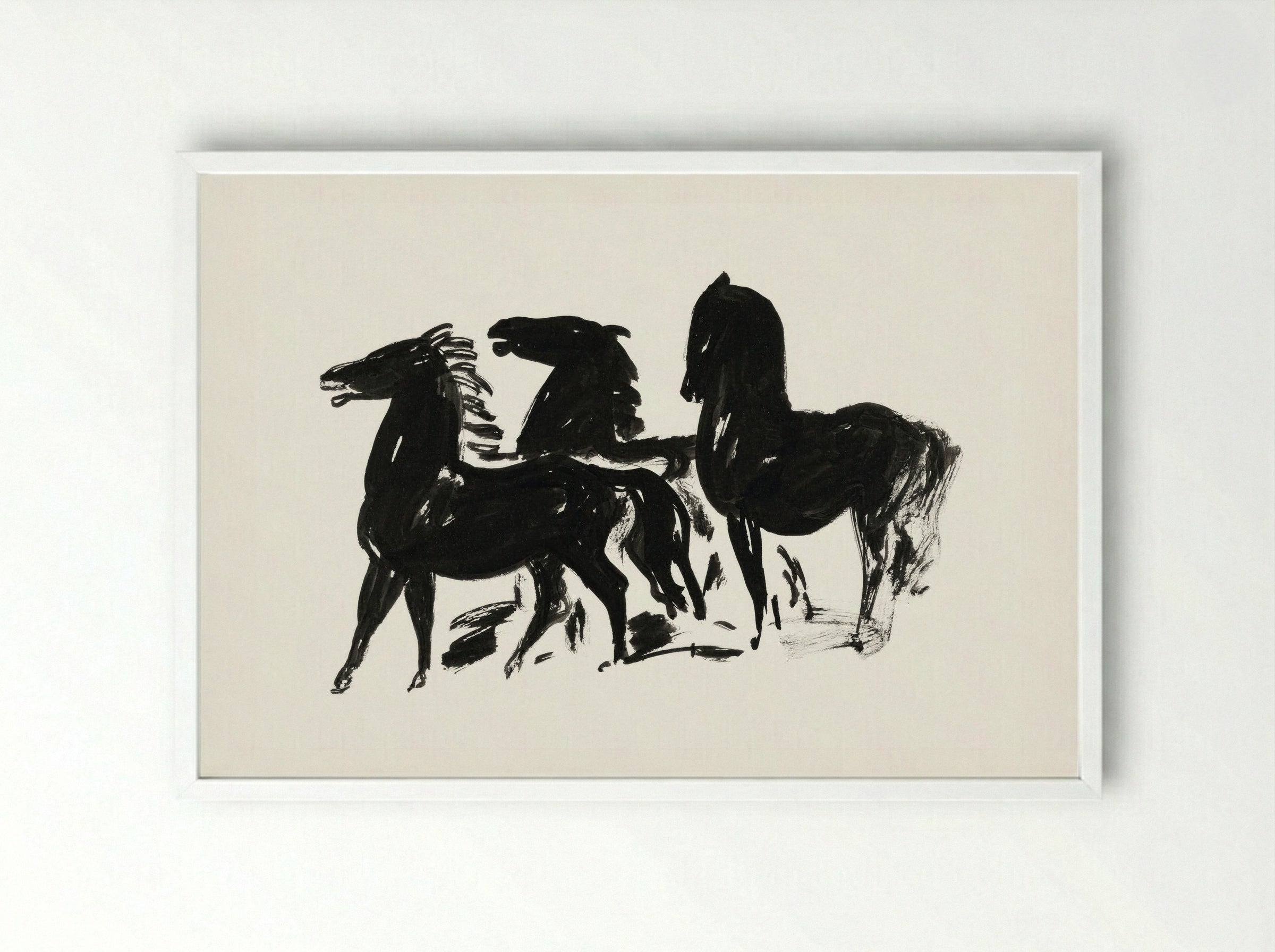 Three Black Horses Standing, Facing Left - Leo Gestel - Framed Print White