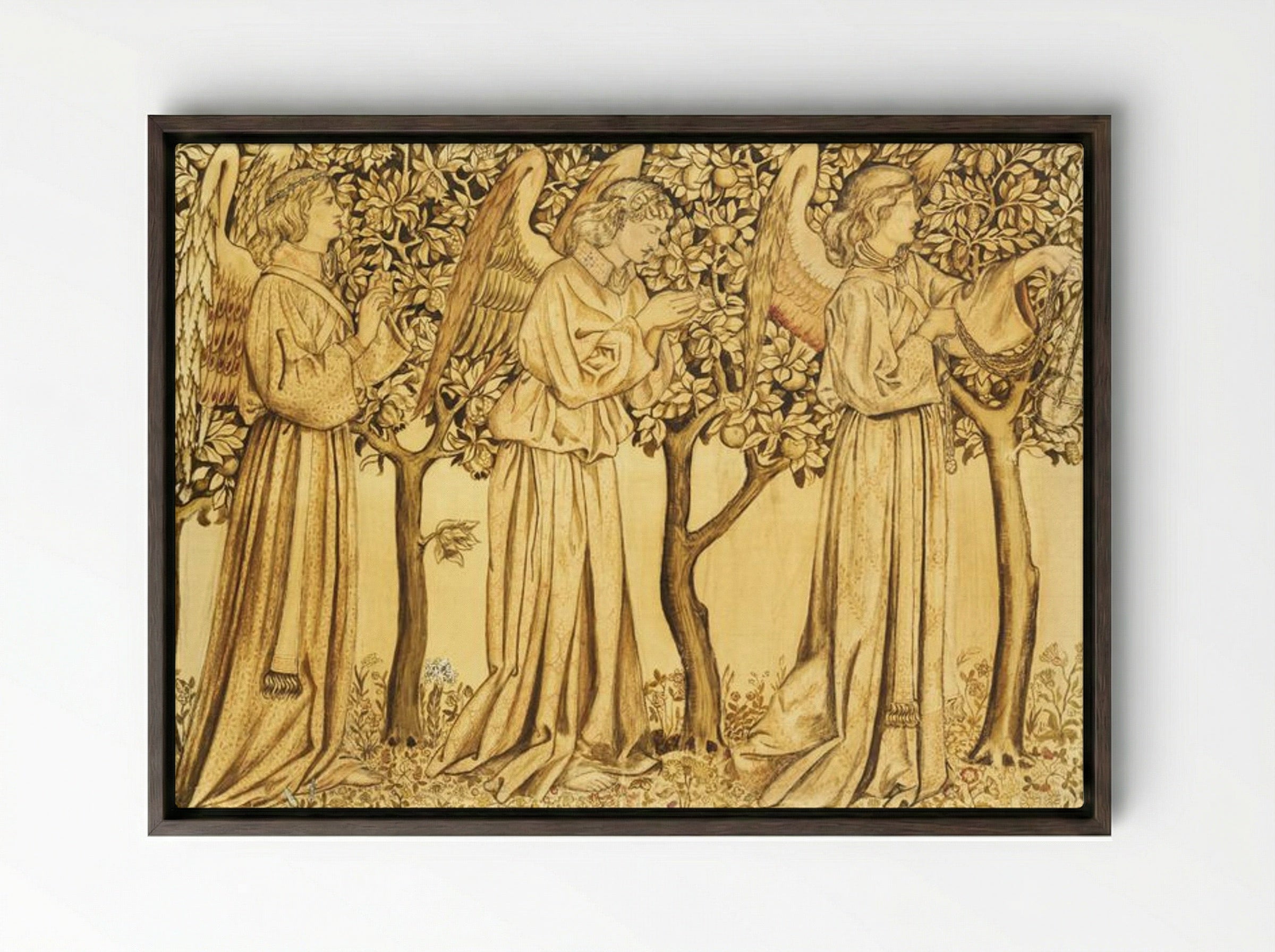Tile Design: Processing Angels - William Morris - Framed Canvas Dark Wood