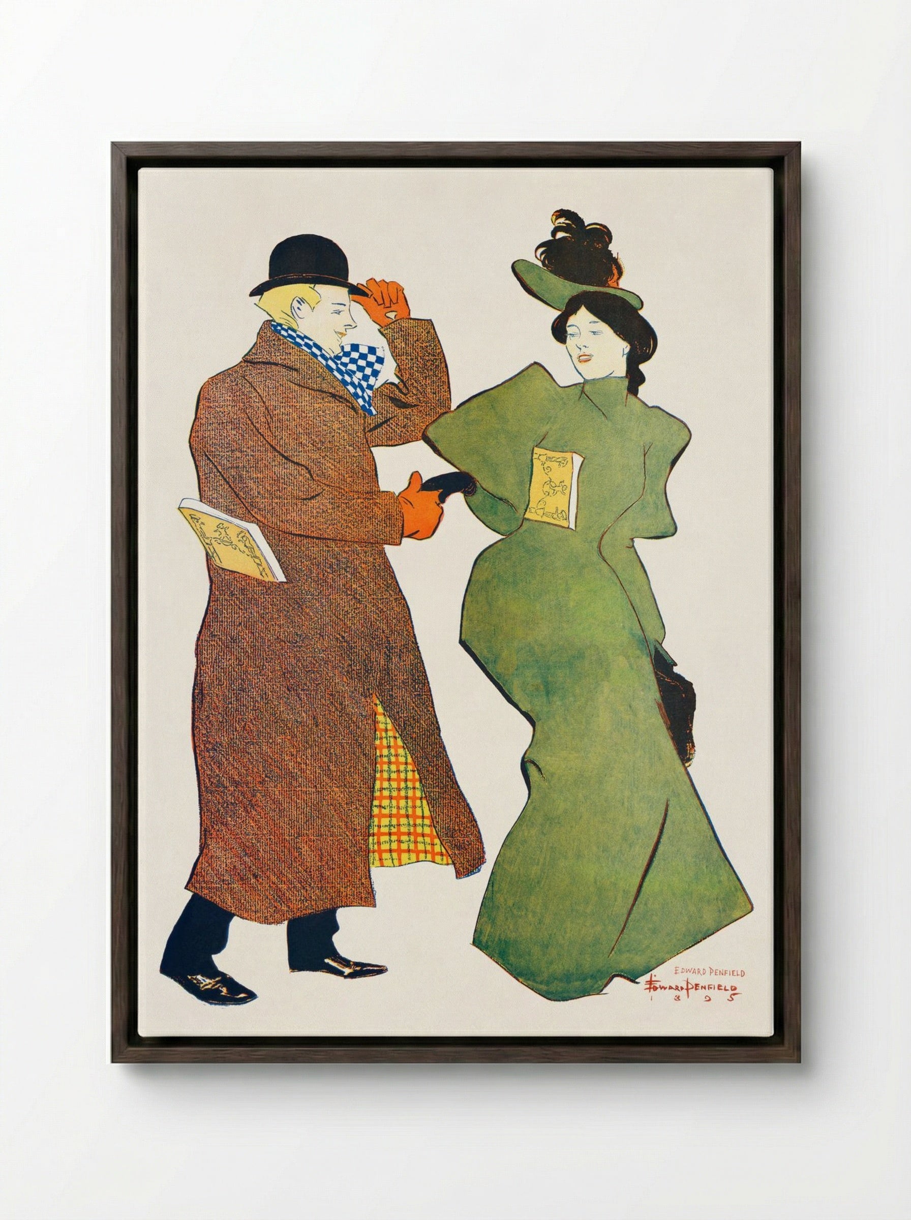 Man and Woman Shaking Hands - Edward Penfield - Framed Canvas Dark Wood