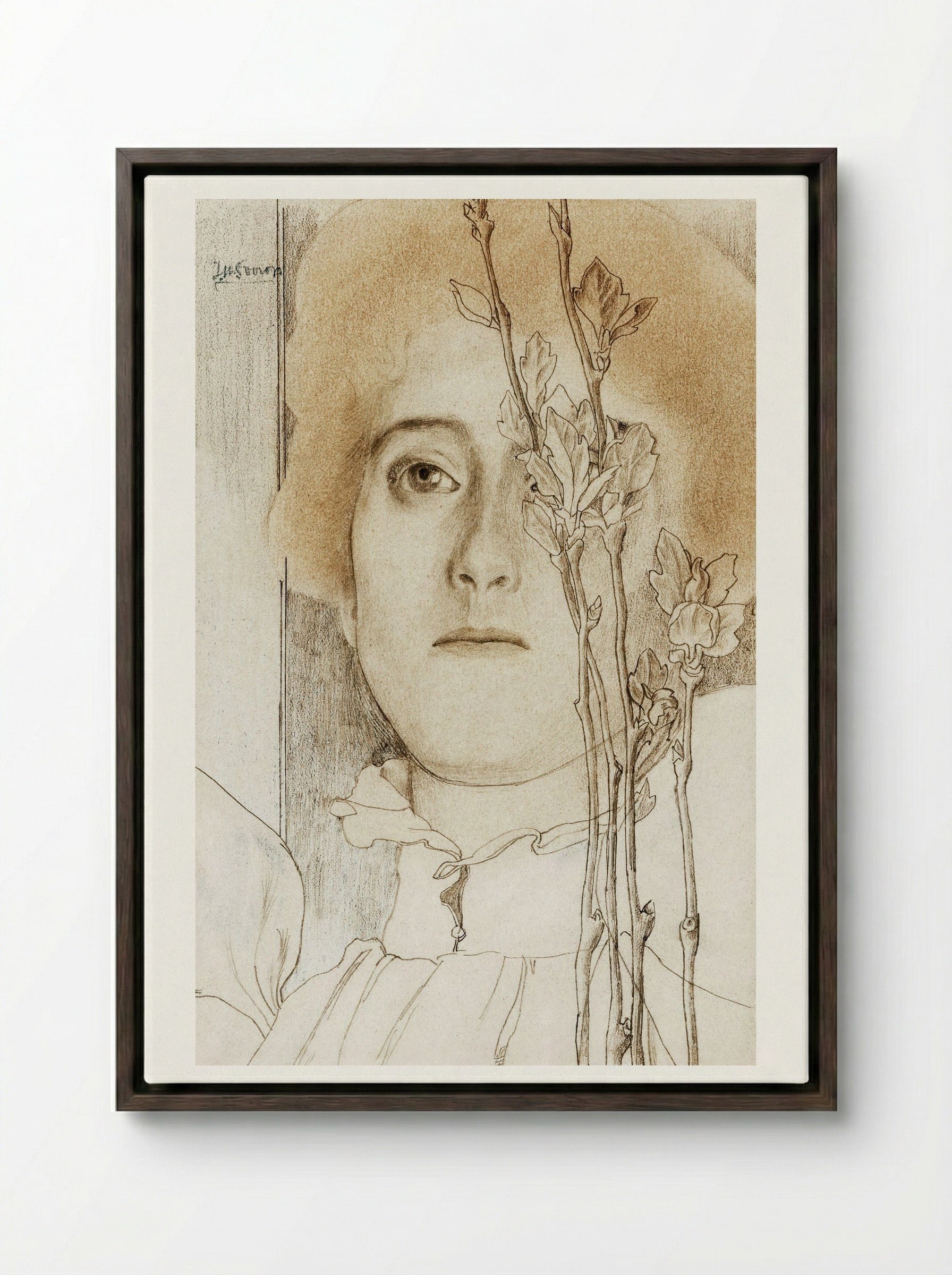 Portrait of an Unknown Woman with Flowering Branch - Jan Toorop - Framed Canvas Dark Wood