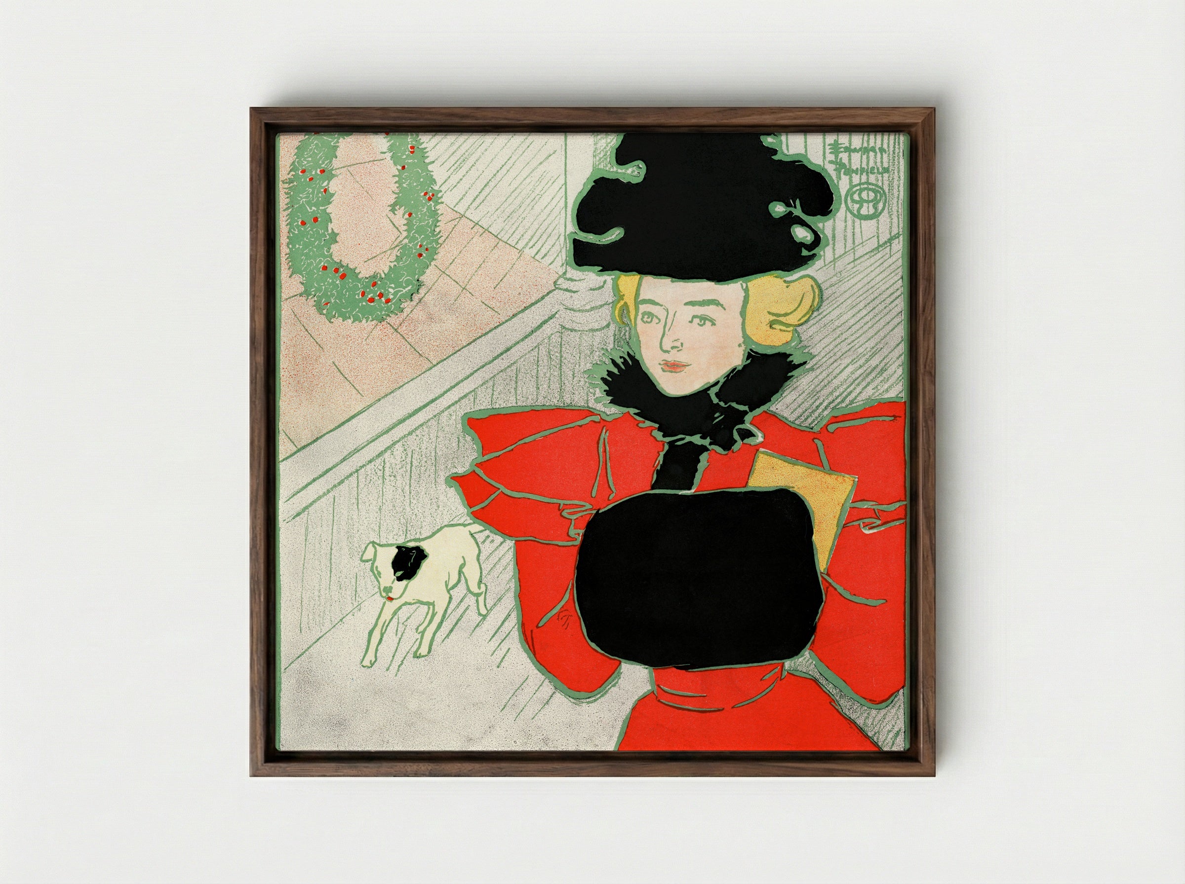 Vintage Christmas Card - Edward Penfield - Framed Canvas Dark Wood