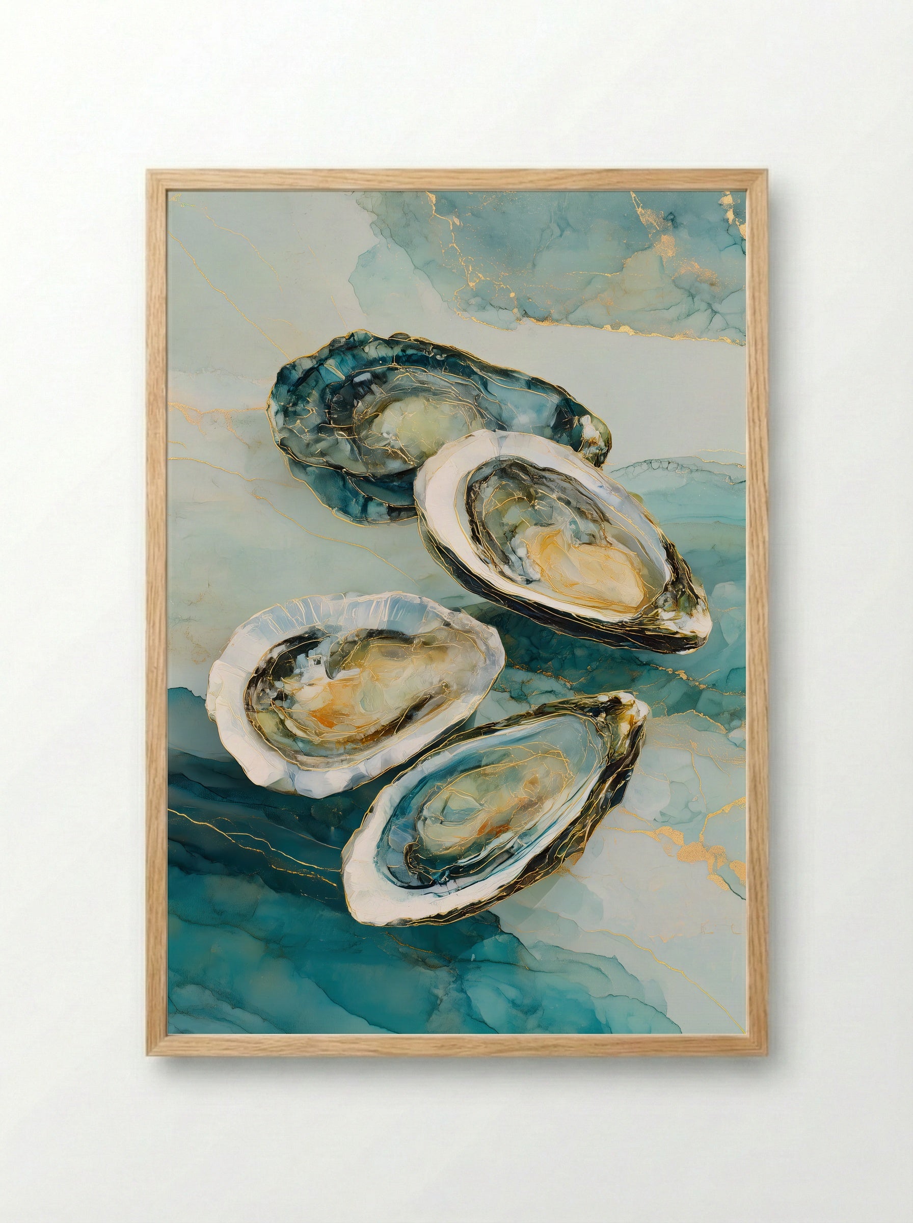 Coastal Oysters – Abstract Ocean Art Print in Teal and Gold - Framed Print Wood