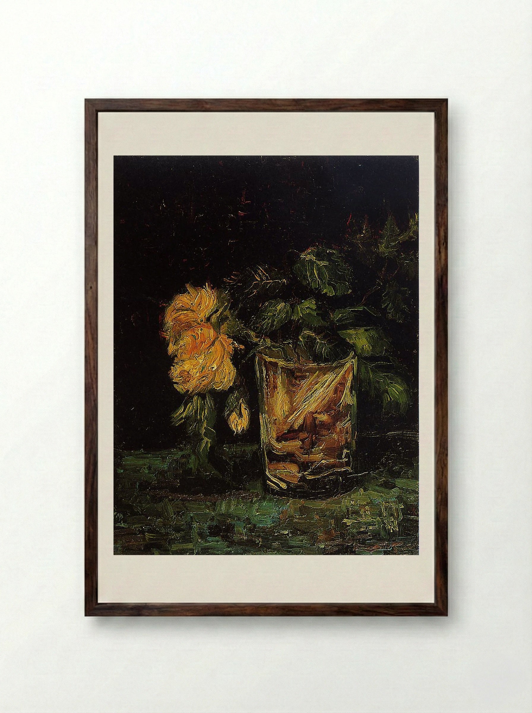 Glass with Roses - Vincent van Gogh - Framed Print Dark Wood