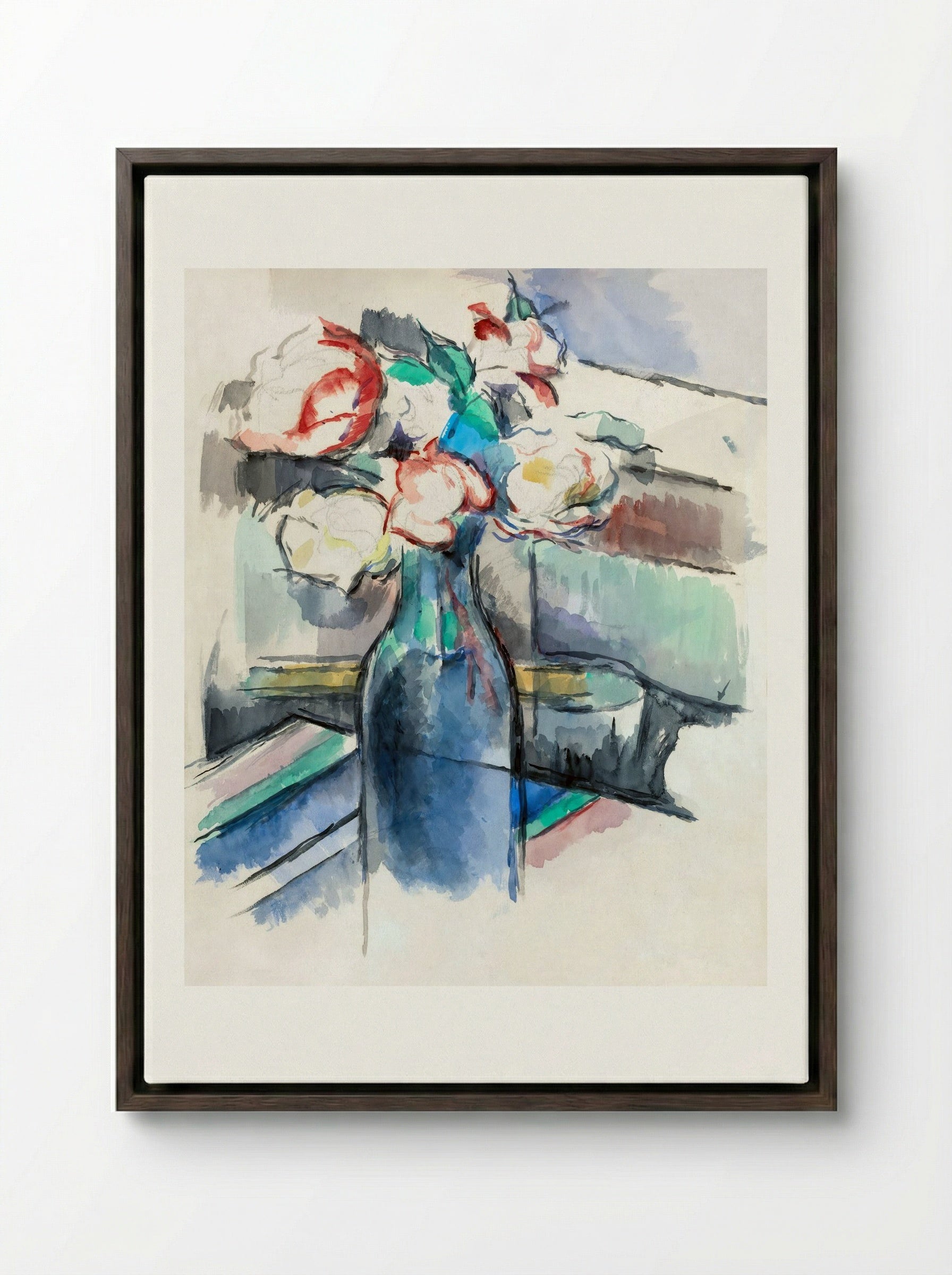 Roses in a Bottle - Paul Cézanne - Framed Canvas Dark Wood