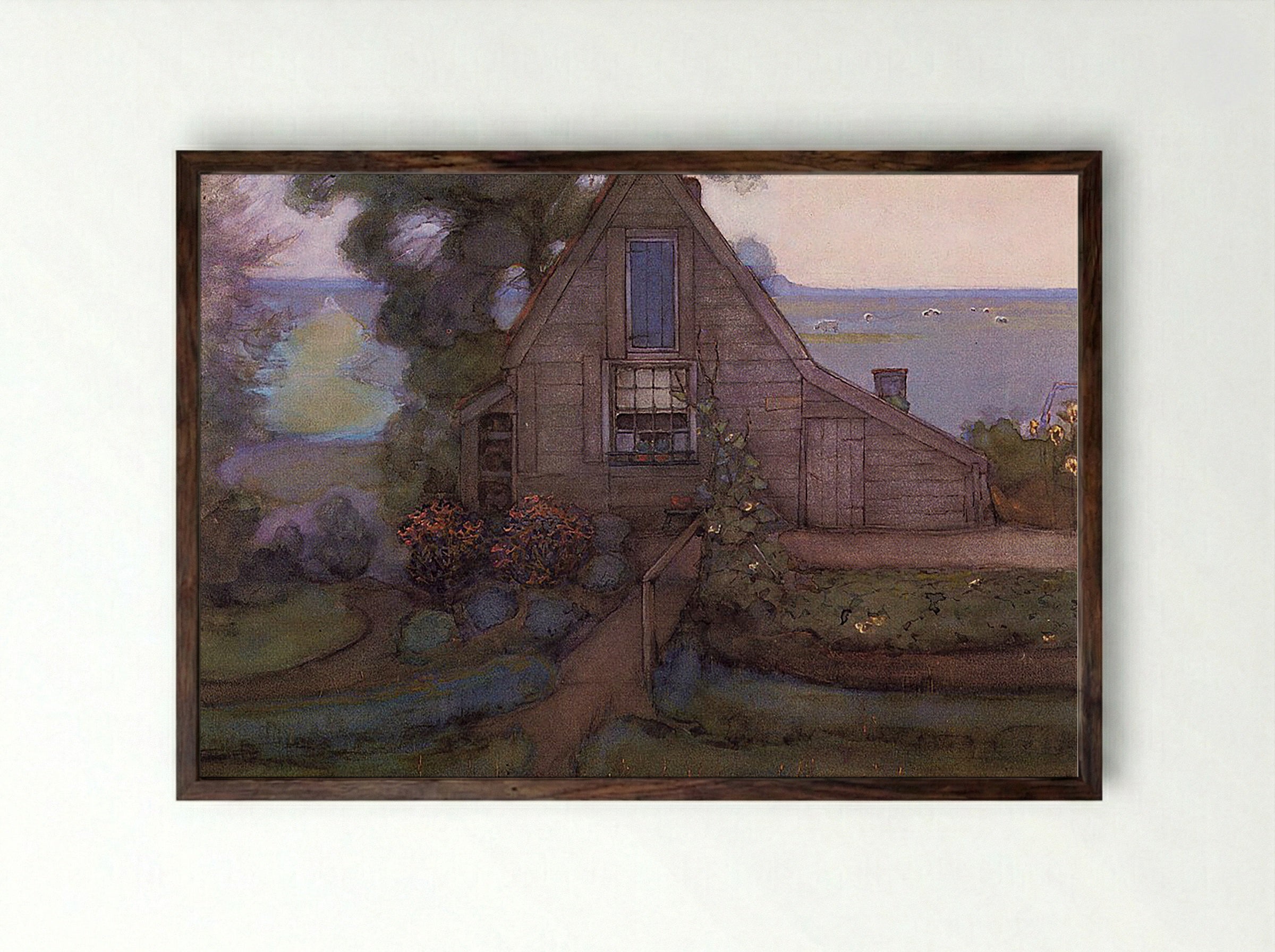 Farmhouse with Polder in Blue - Piet Mondrian - Framed Print Dark Wood