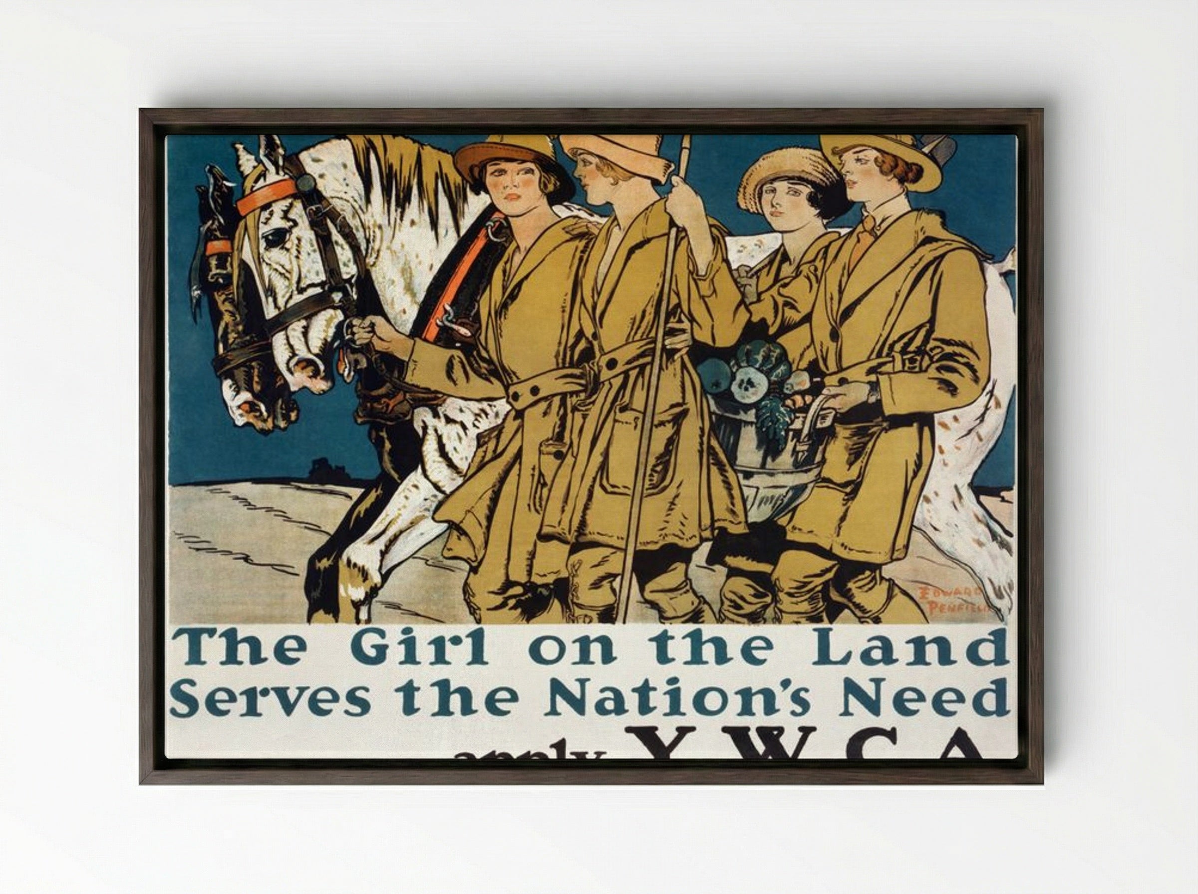The Girl on the Land Serves the Nation's Need - Edward Penfield - Framed Canvas Dark Wood