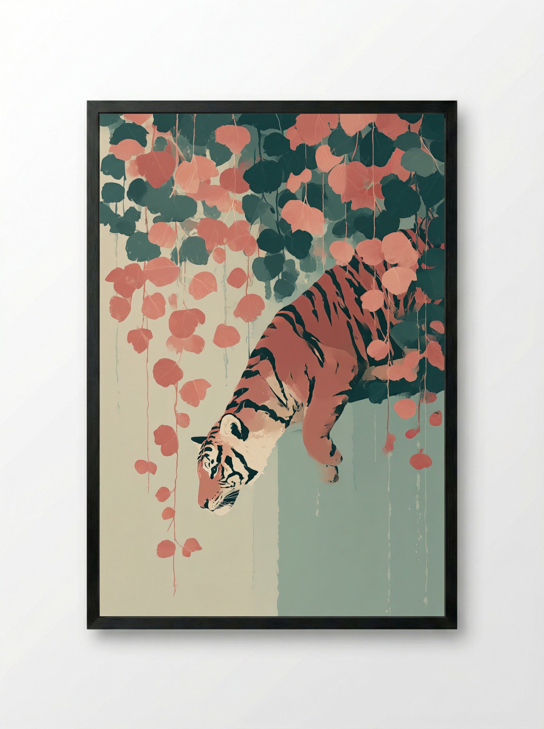 Tiger Among Vines – Dreamlike Jungle Art Print - Framed Print Black