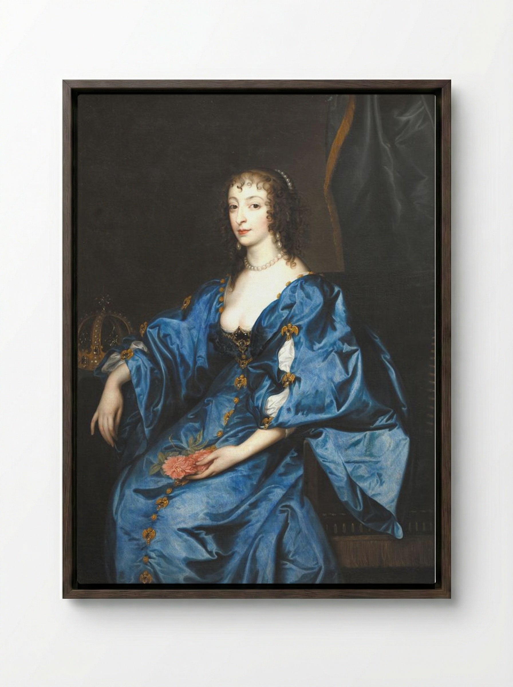 Portrait of Queen Henrietta Maria, Consort of King Charles I - Anthony van Dyck - Framed Canvas Dark Wood