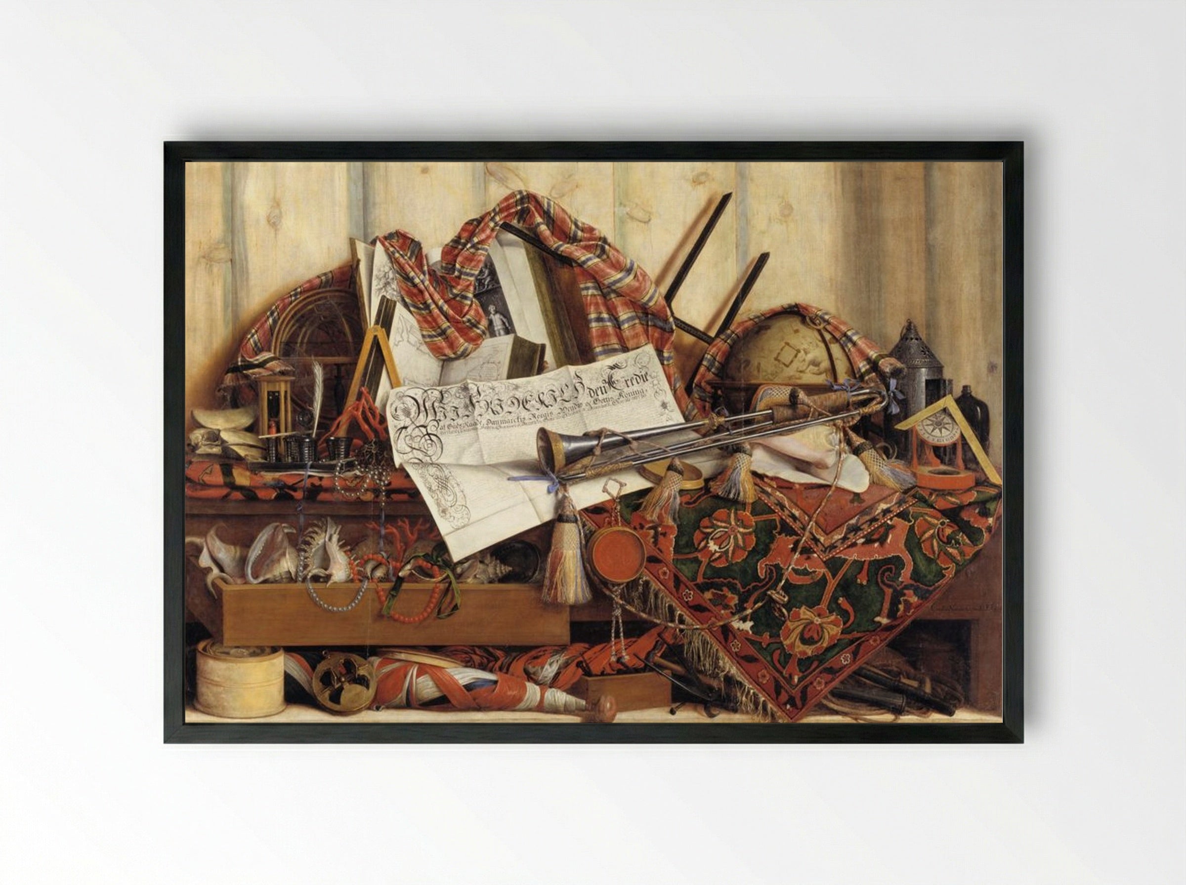 Trompe l'oeil with trumpet, celestial globe and Frederik III's proclamation - Cornelis Norbertus Gysbrechts - Framed Print Black