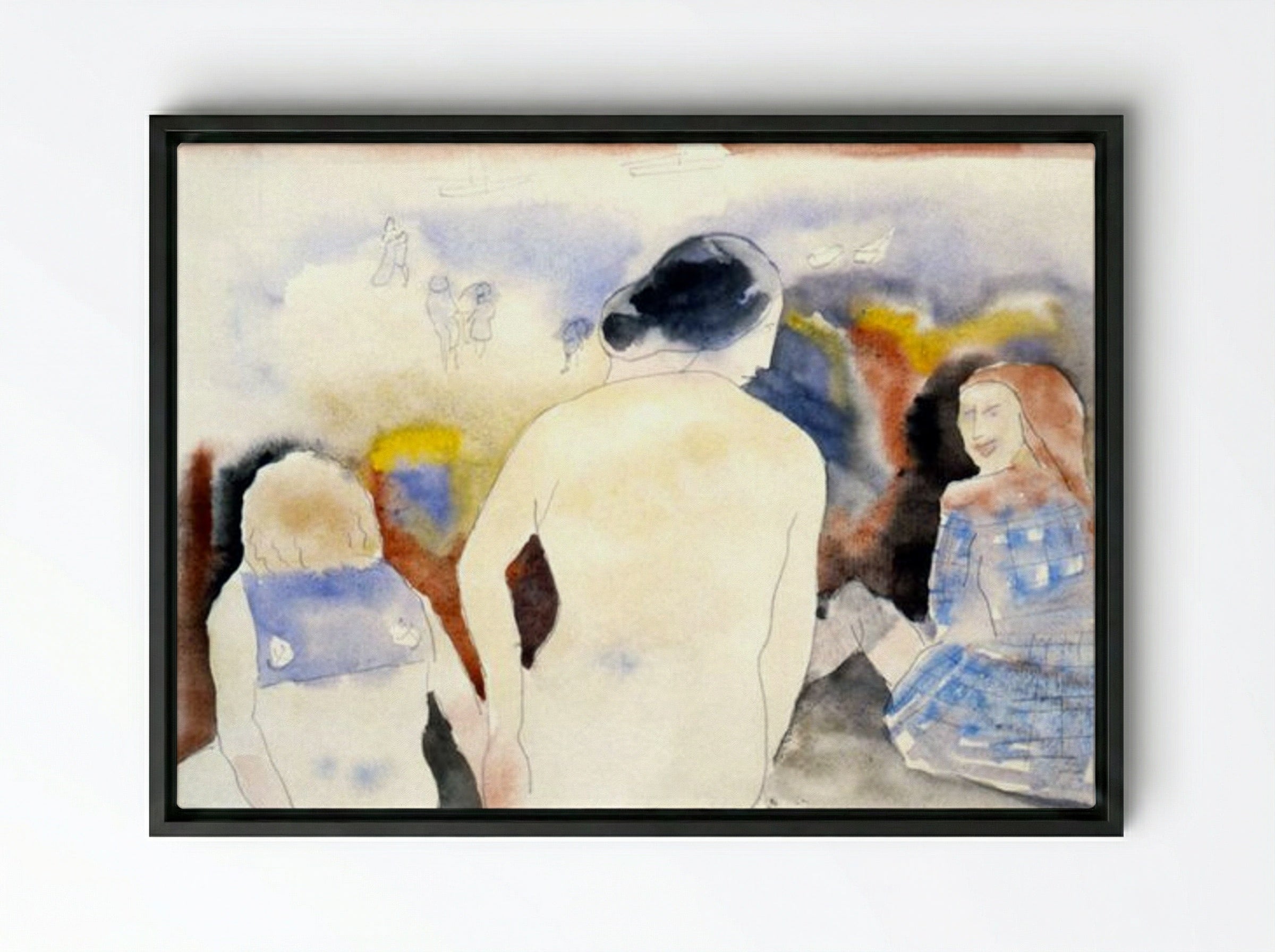 Woman with Black Hair and Two Children - Charles Demuth - Framed Canvas Black