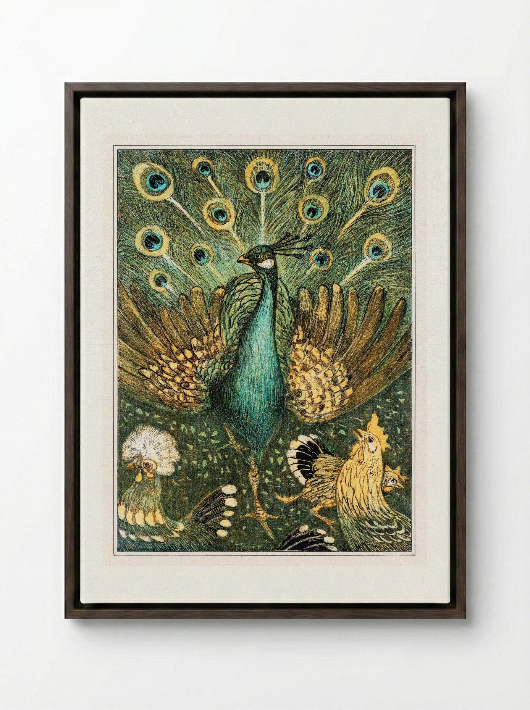 Peacock with Chickens - Theo van Hoytema - Framed Canvas Dark Wood