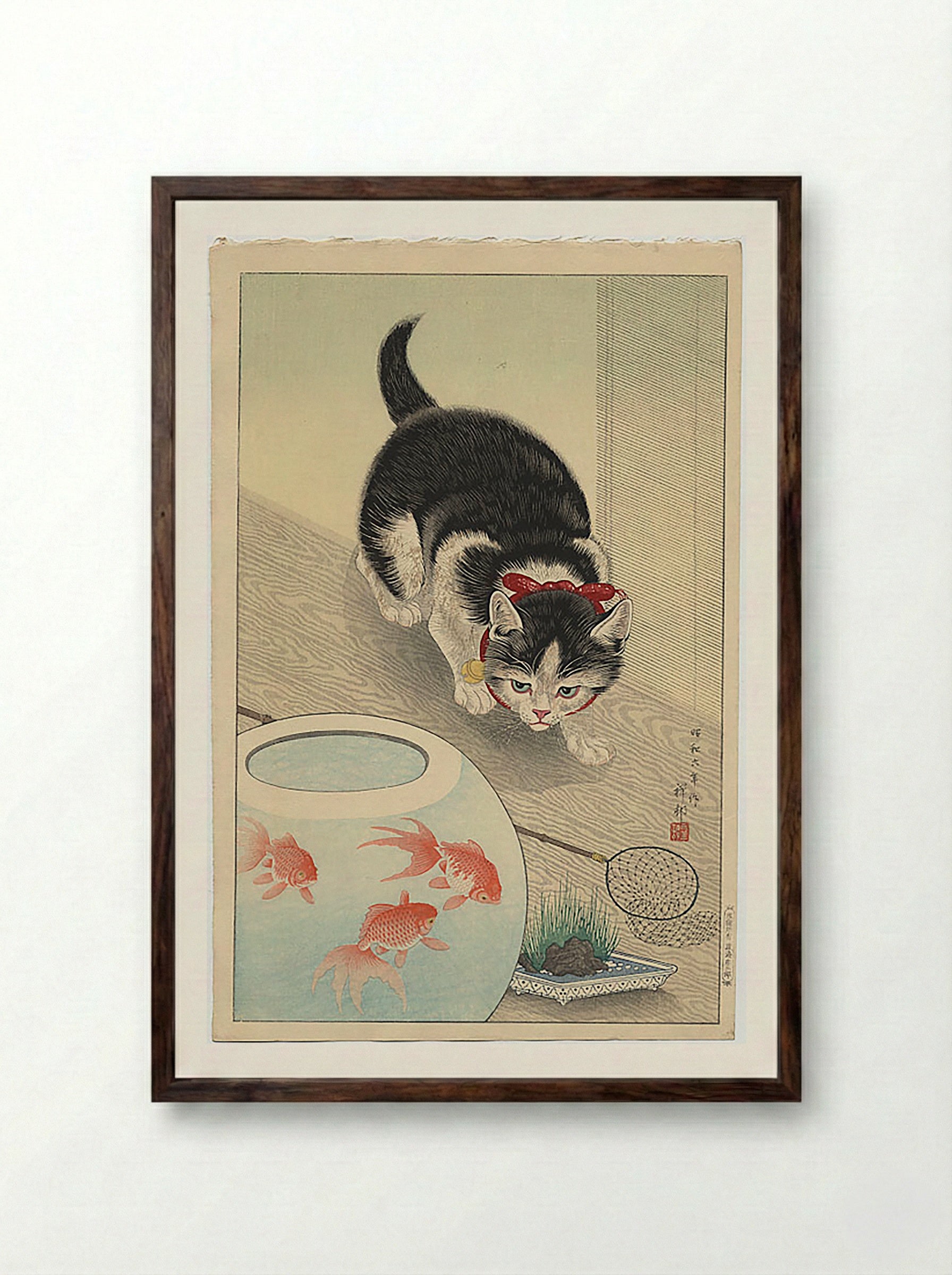 Cat and Bowl of Goldfish - Utagawa Kuniyoshi - Framed Print Dark Wood