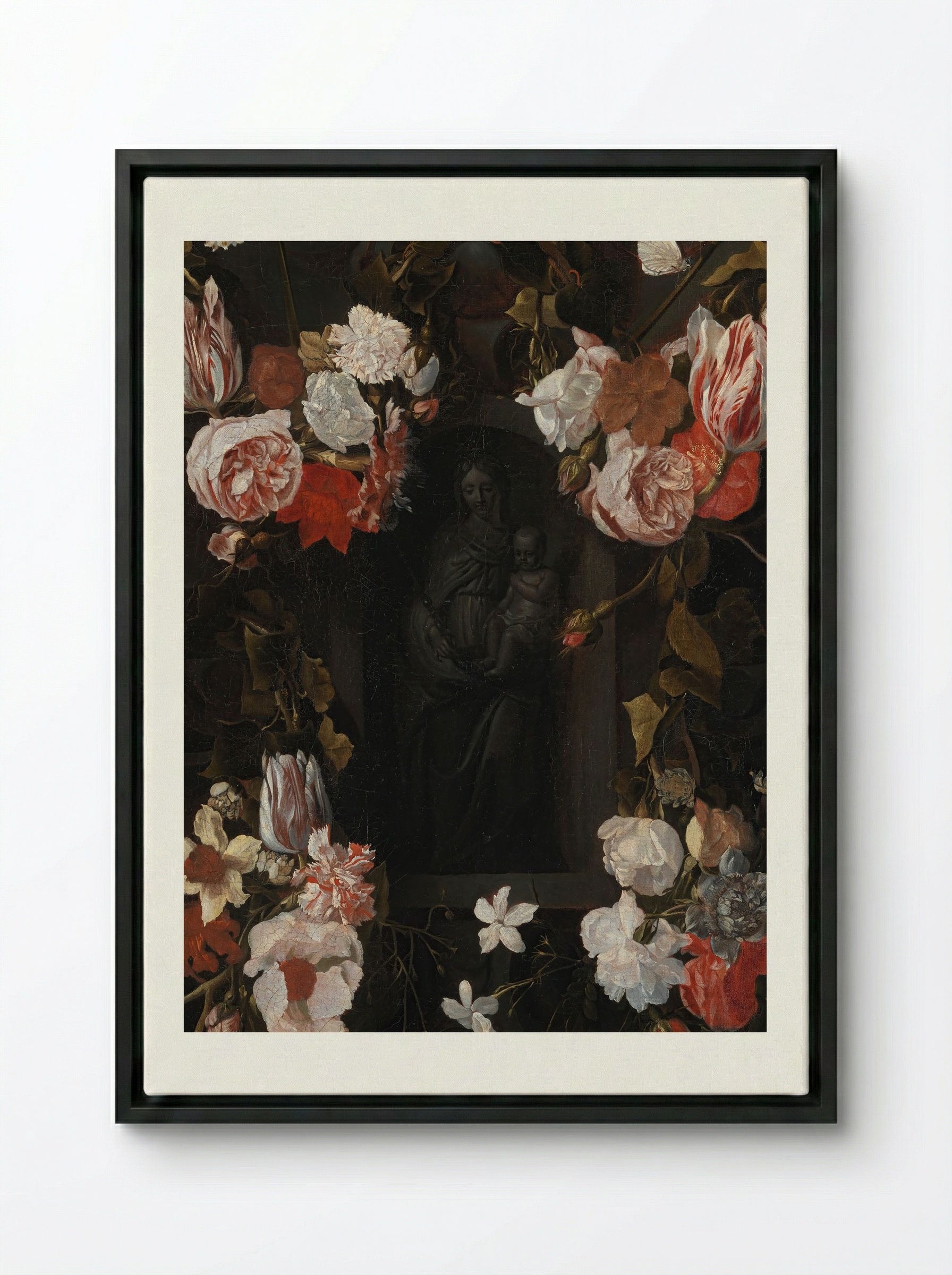 A Flower-Wreathed Niche with a Stone Figure of the Madonna - Fine Art Print - Framed Canvas Black