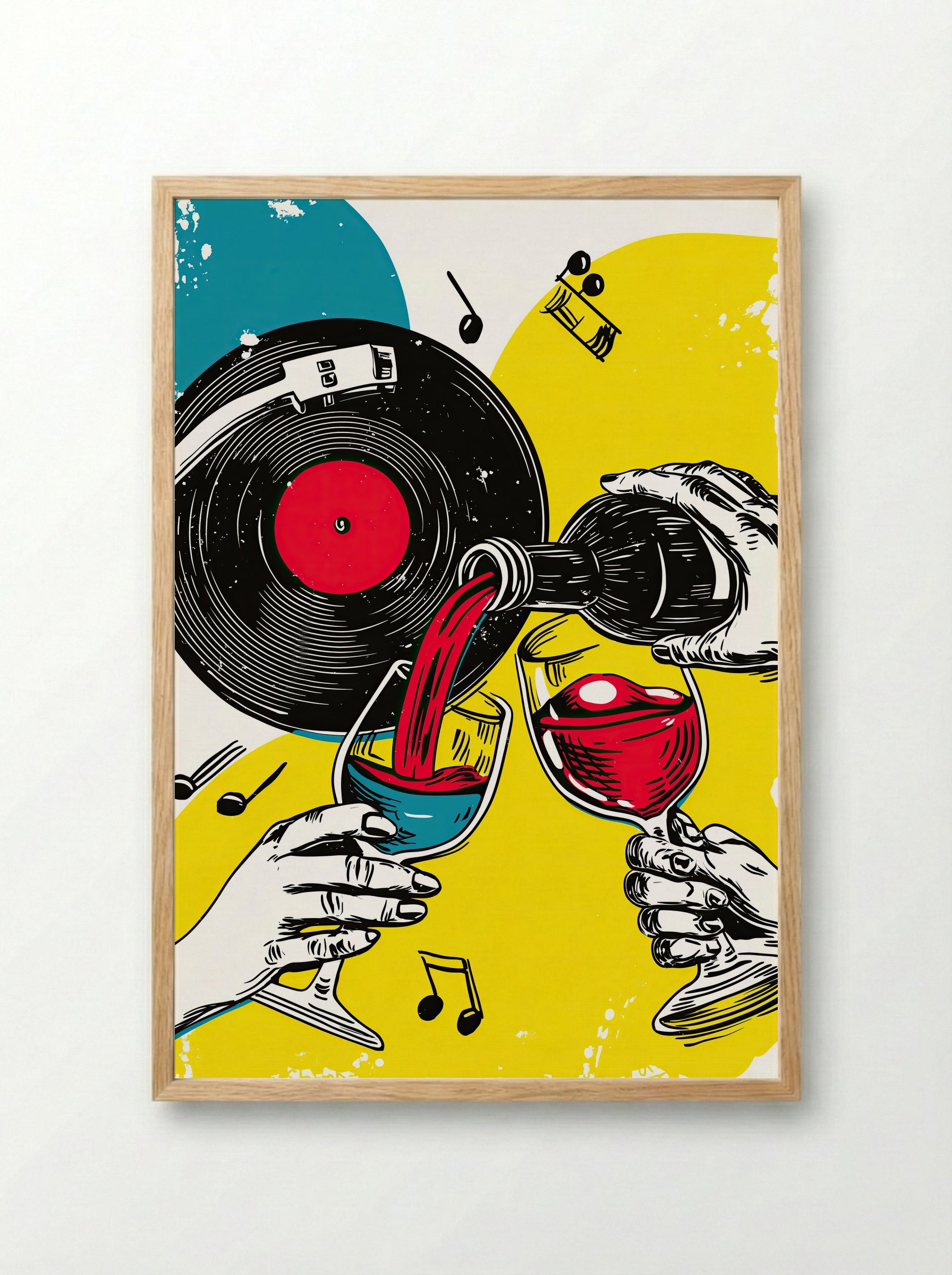 Vinyl and Vino – Bold Pop Art Wine and Music Print - Framed Print Wood