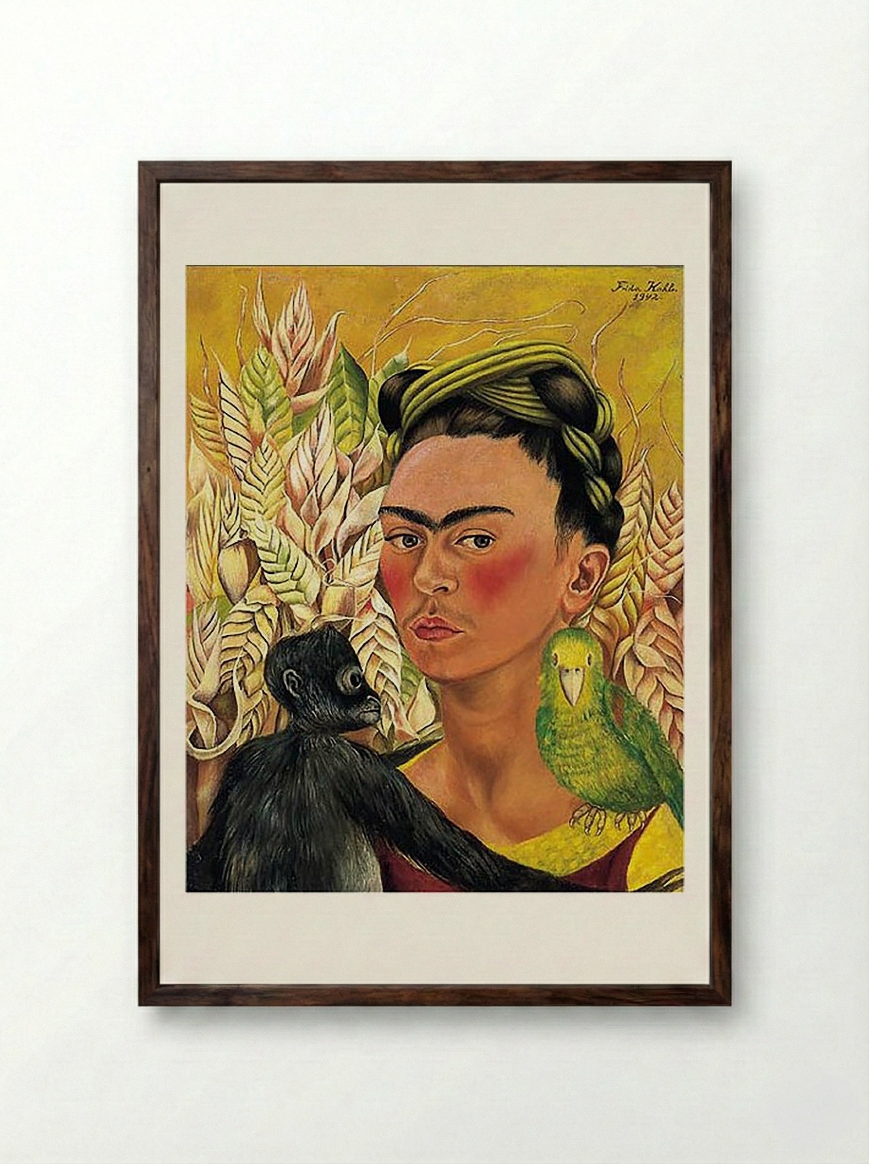 Self-Portrait with Monkey and Parrot - Frida Kahlo - Framed Print Dark Wood