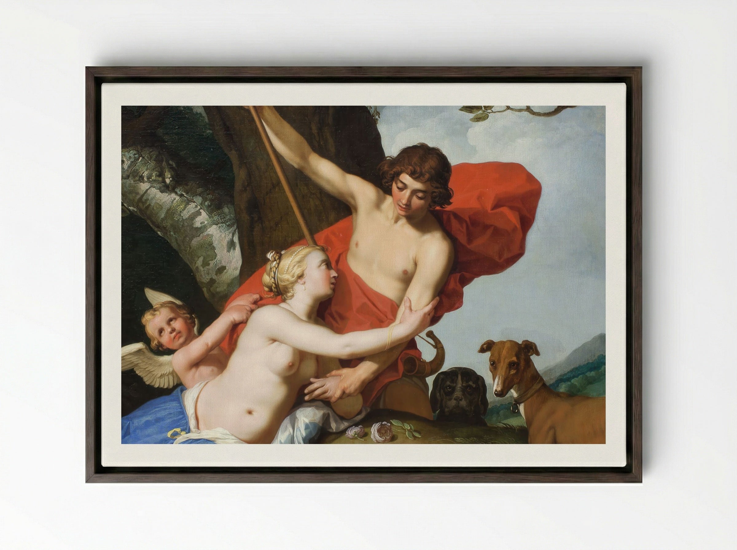Venus and Adonis - Abraham Bloemaert - Framed Canvas Dark Wood