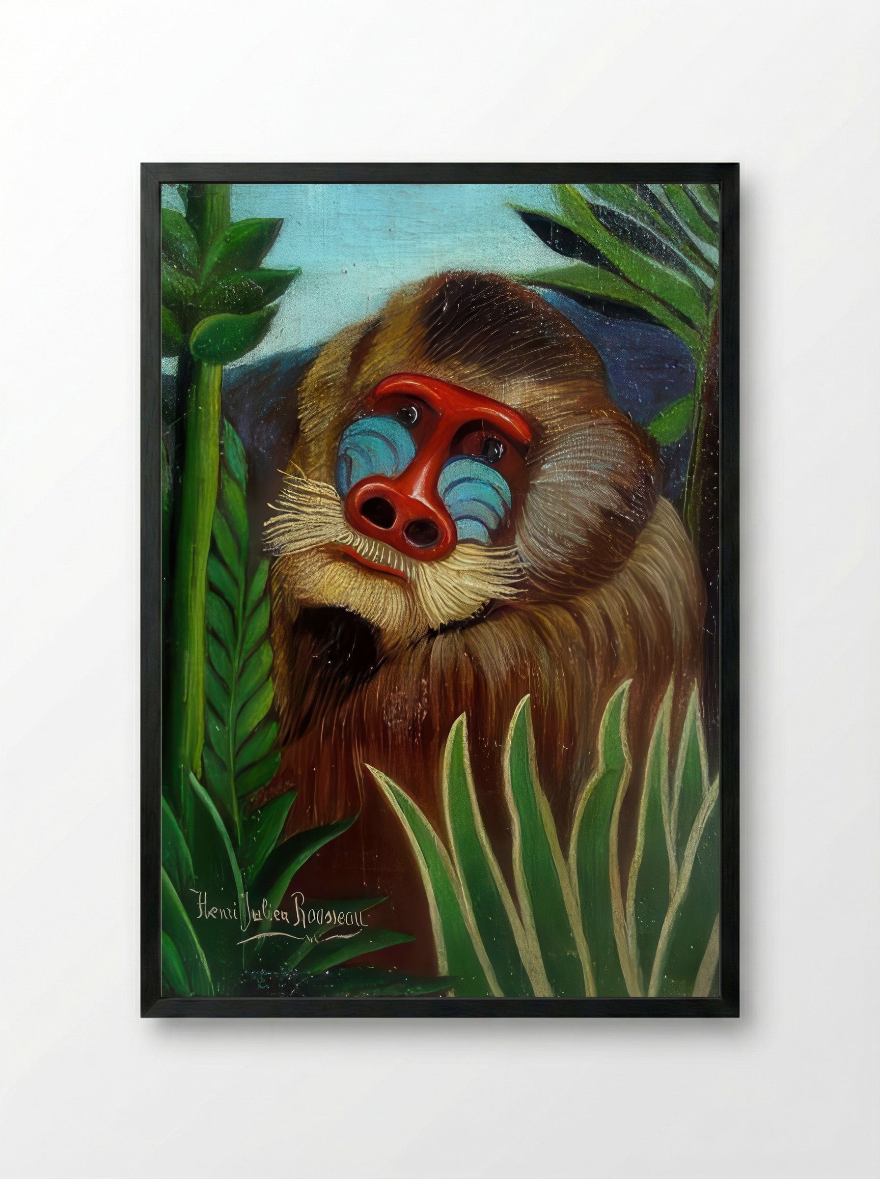 Mandrill in the Jungle by Henri Rousseau – Naïve Jungle Animal Art Print - Framed Print Black